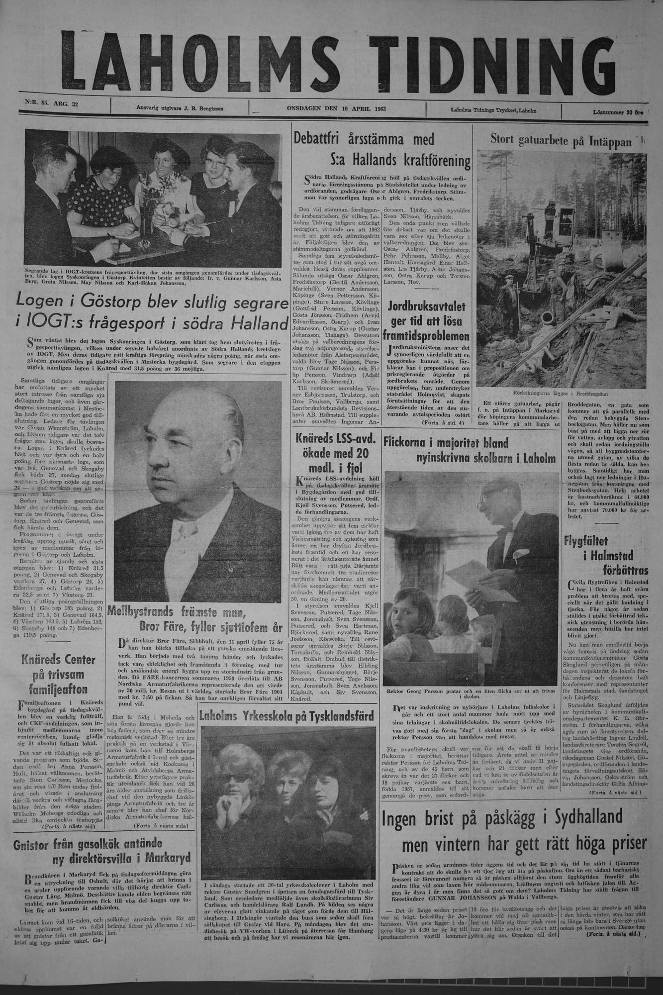 Laholms Tidning Onsdag 10 april 1963, sida 1