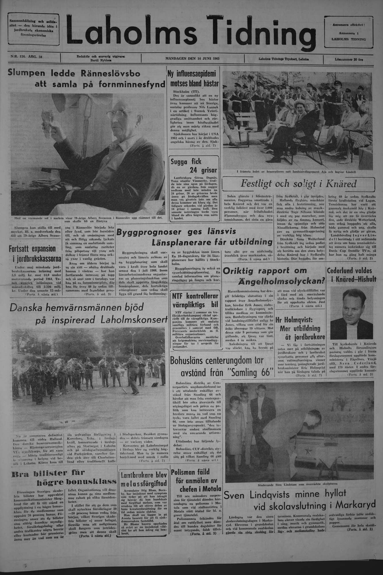 Laholms Tidning Måndag 14 juni 1965, sida 1