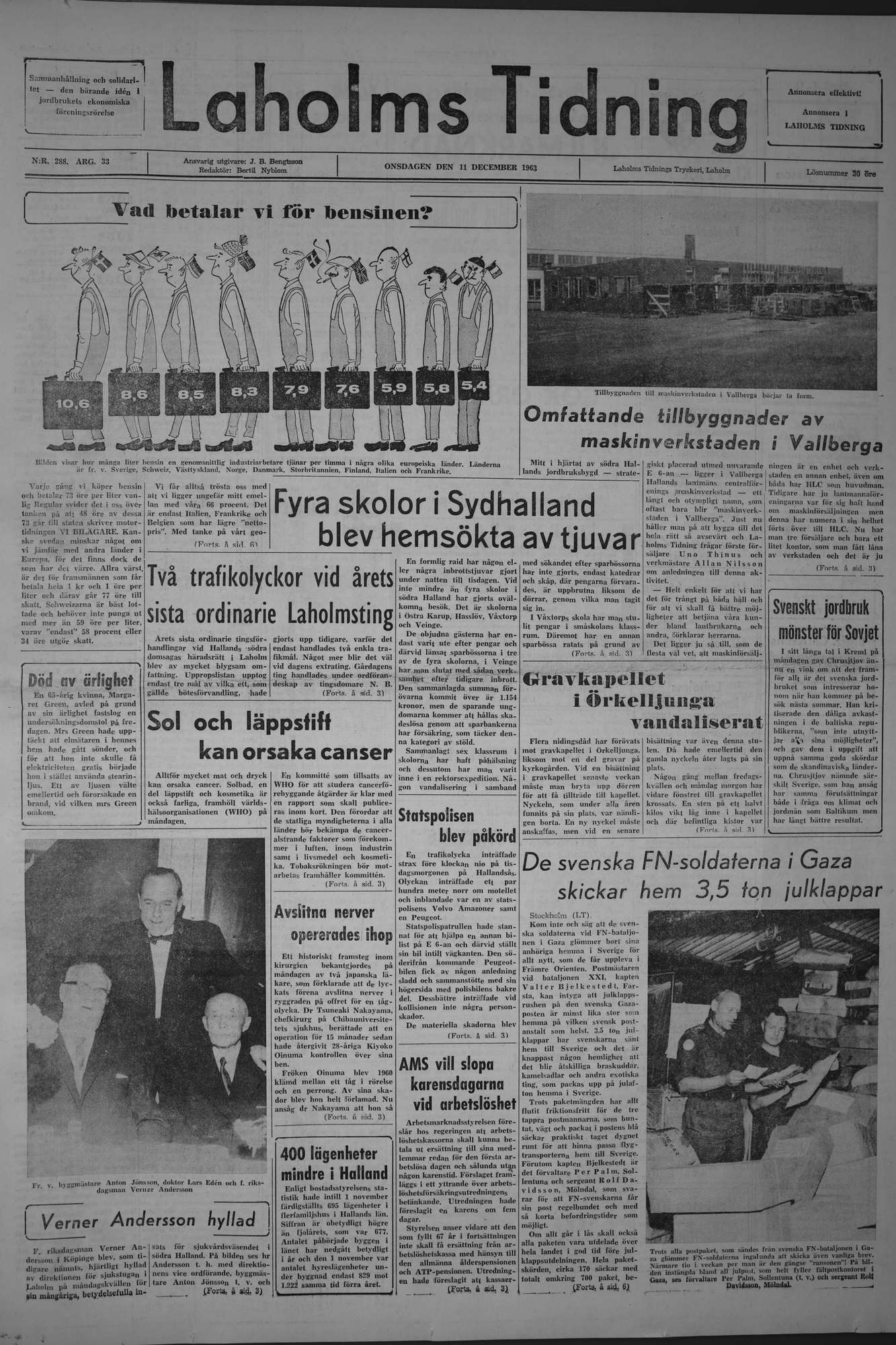 Laholms Tidning Onsdag 11 december 1963, sida 1