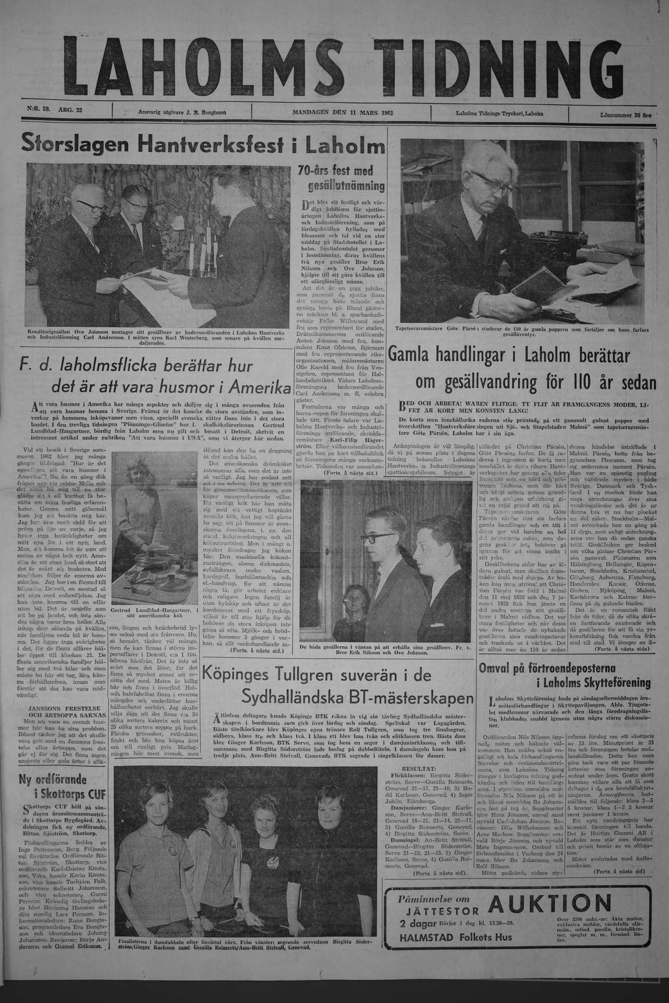 Laholms Tidning Måndag 11 mars 1963, sida 1
