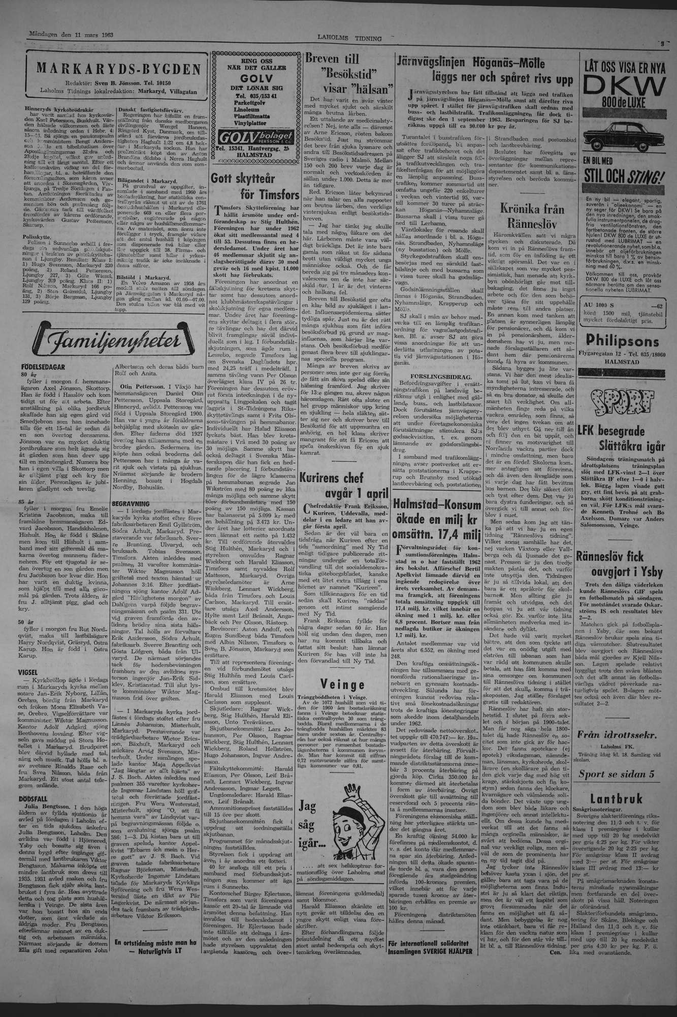 Laholms Tidning Måndag 11 mars 1963, sida 3