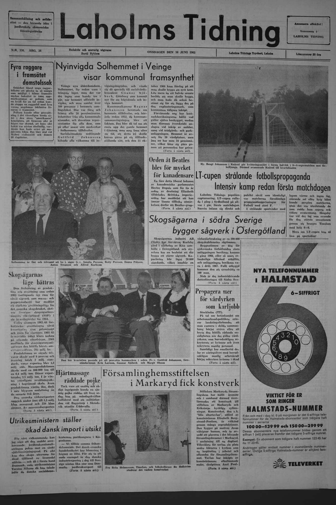Laholms Tidning Onsdag 16 juni 1965, sida 1
