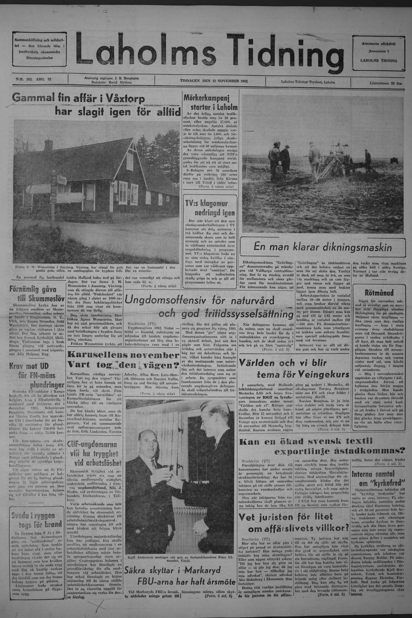 Laholms Tidning Tisdag 12 november 1963, sida 1