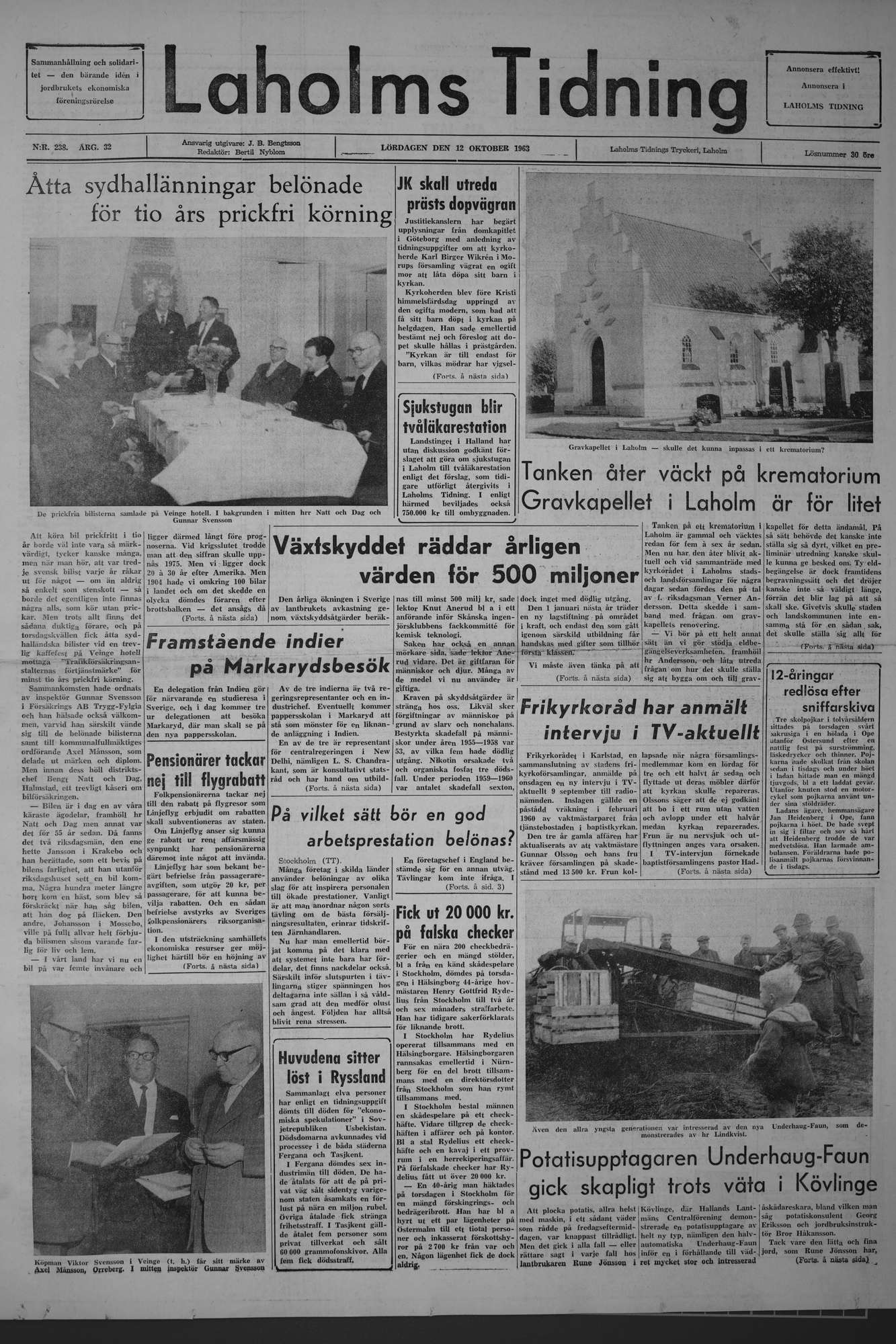 Laholms Tidning Lördag 12 oktober 1963, sida 1