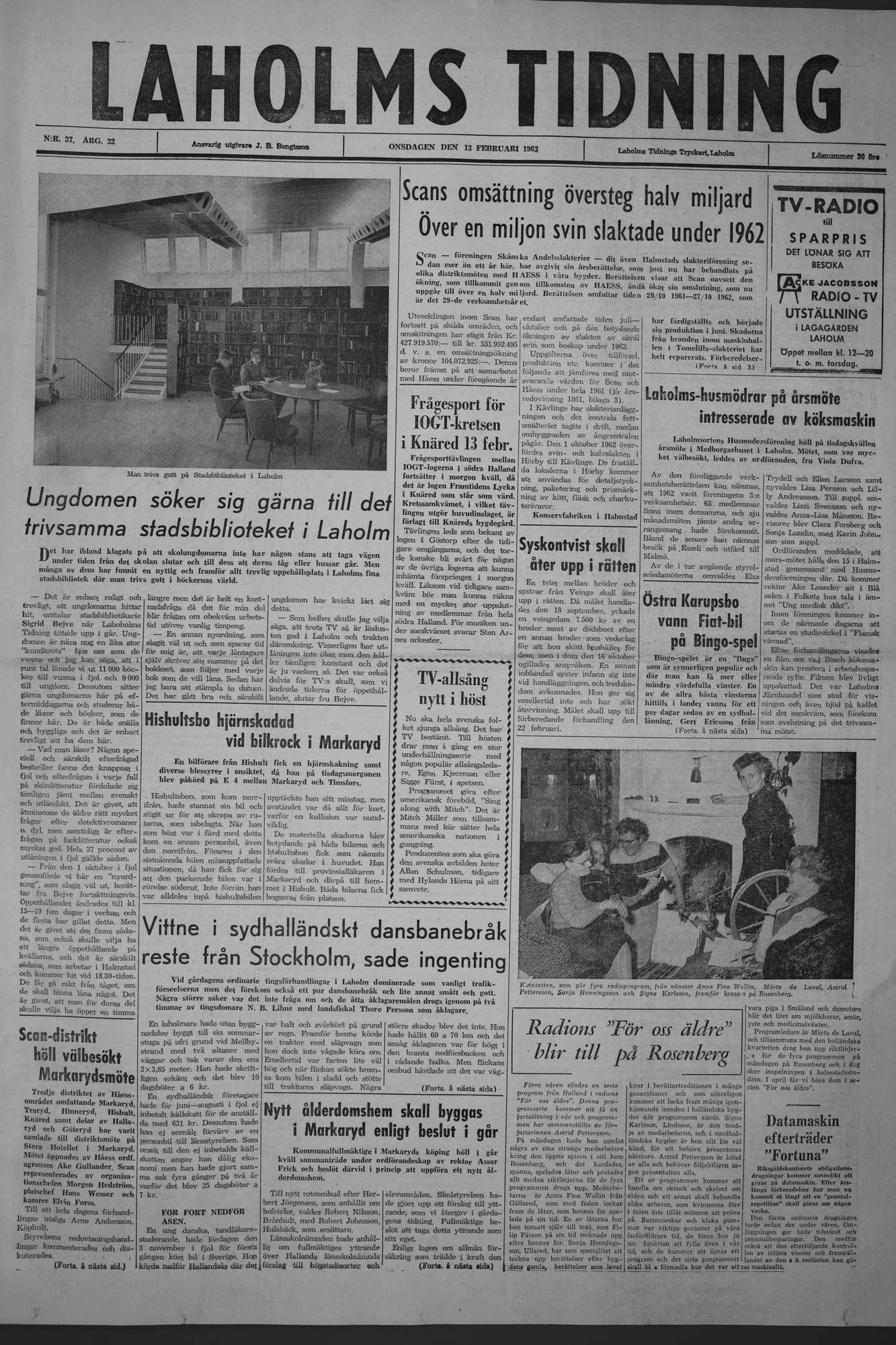 Laholms Tidning Onsdag 13 februari 1963, sida 1