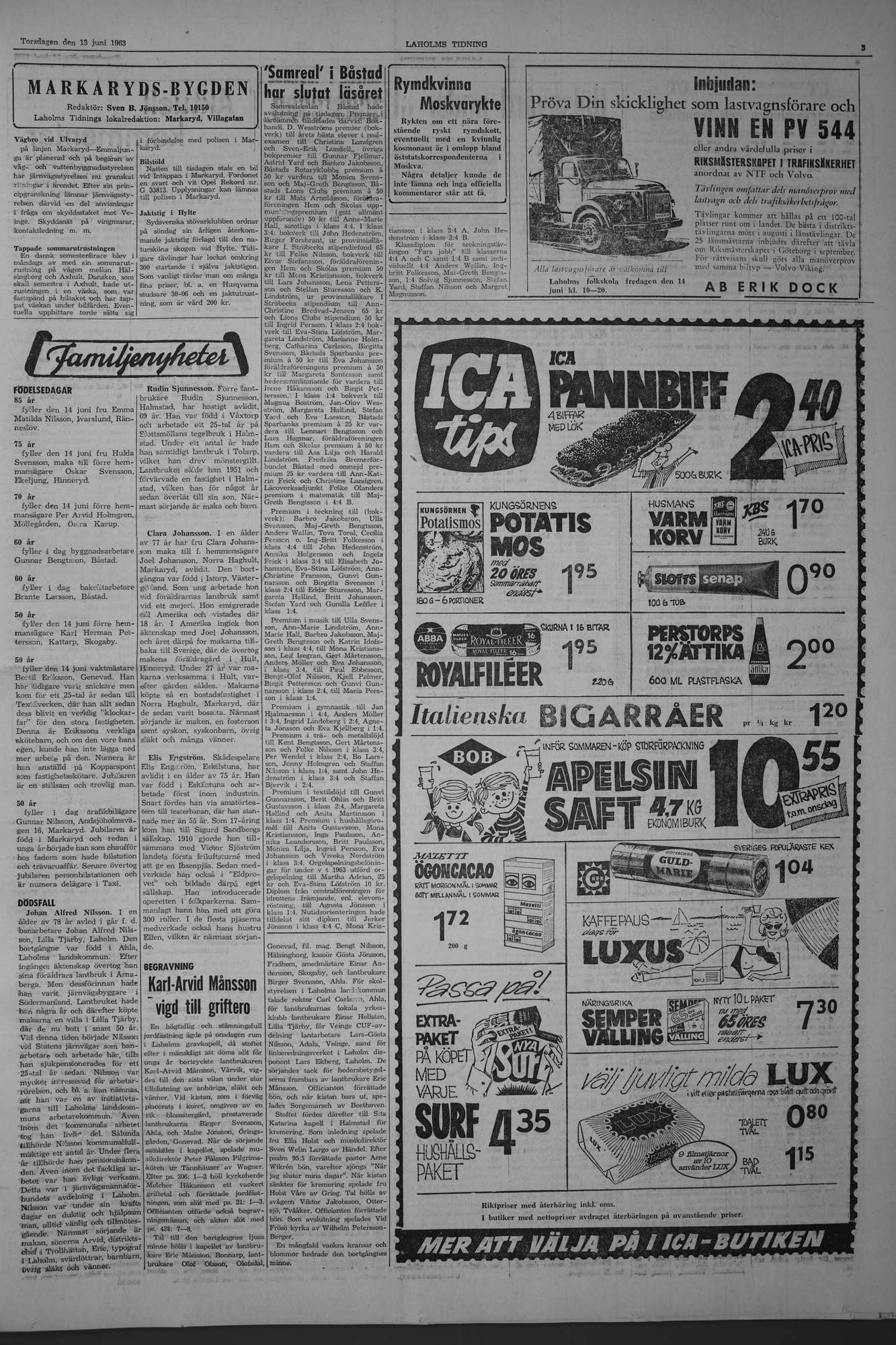 Laholms Tidning Torsdag 13 juni 1963, sida 3