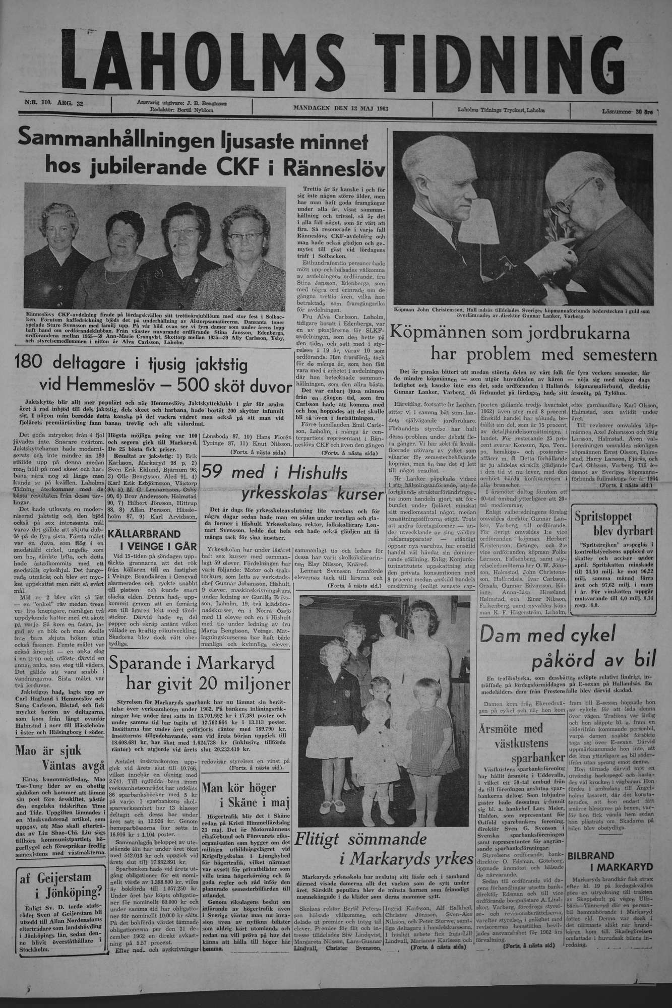 Laholms Tidning Måndag 13 maj 1963, sida 1