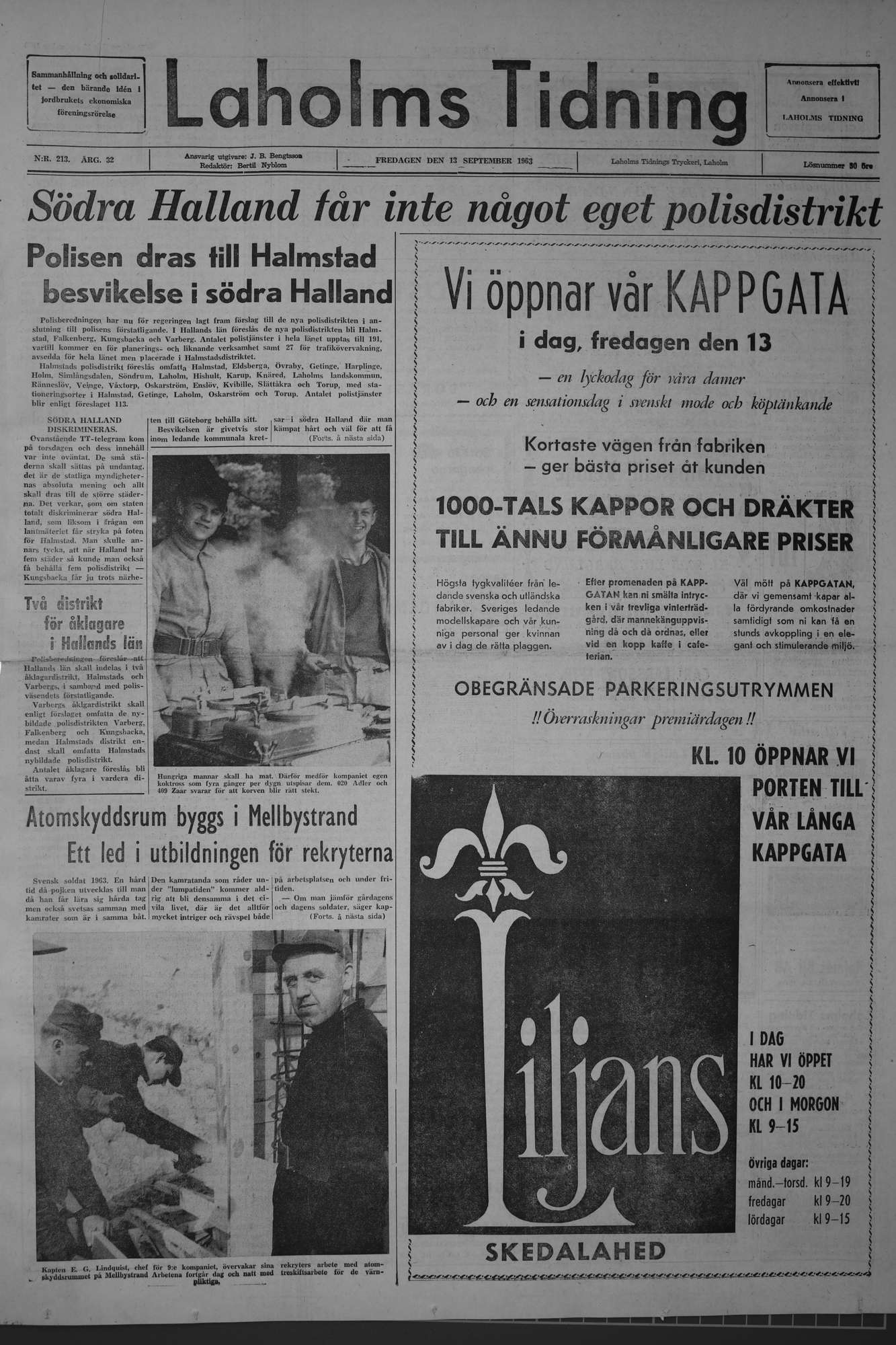 Laholms Tidning Fredag 13 september 1963, sida 1