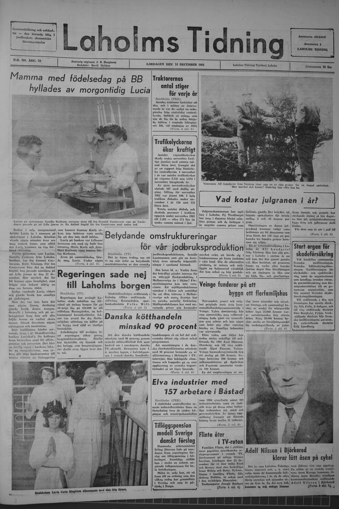 Laholms Tidning Lördag 14 december 1963, sida 1