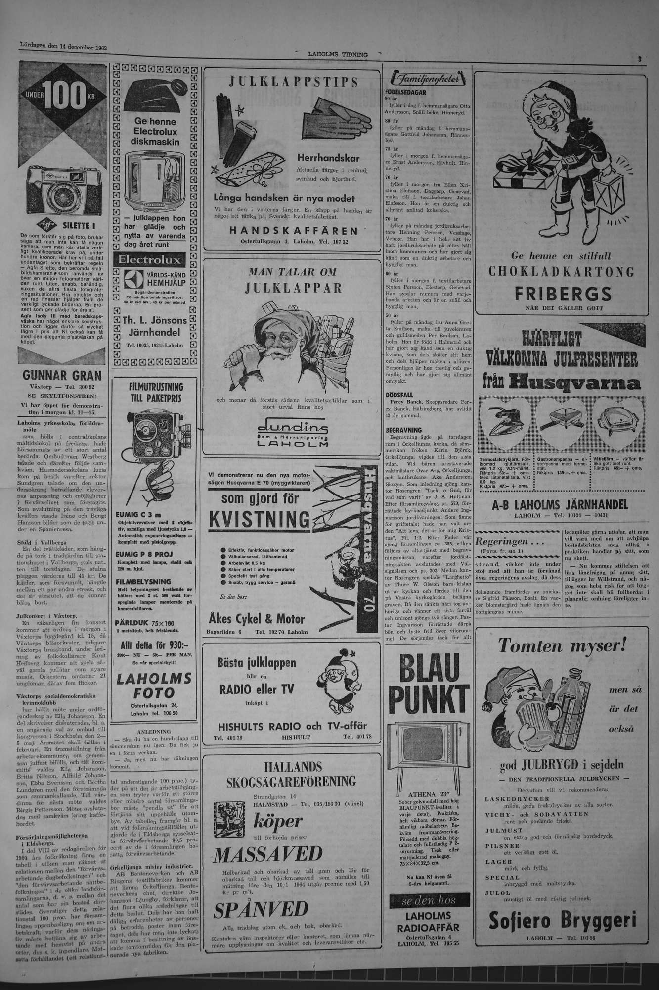 Laholms Tidning Lördag 14 december 1963, sida 3