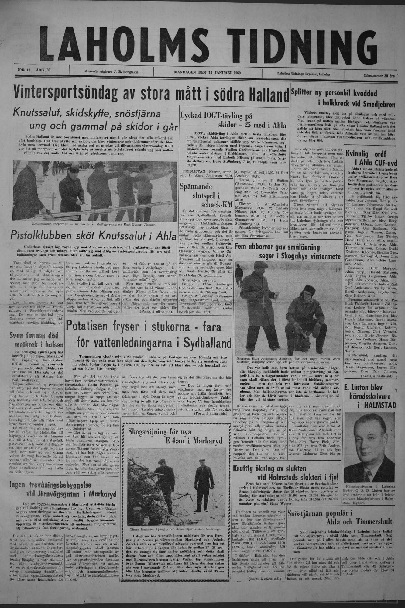 Laholms Tidning Måndag 14 januari 1963, sida 1