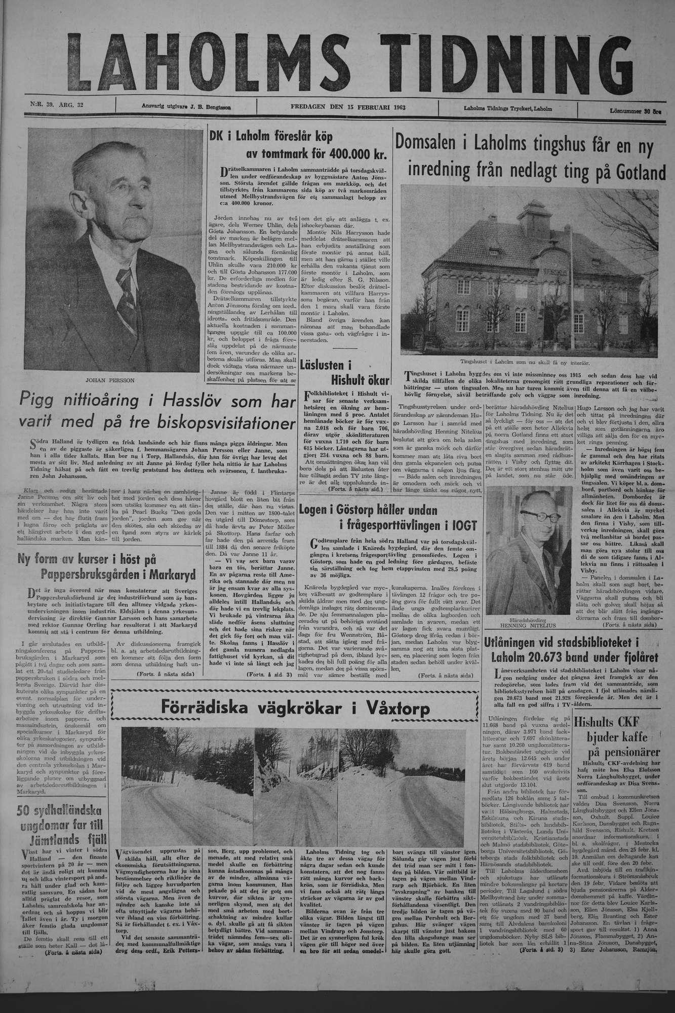 Laholms Tidning Fredag 15 februari 1963, sida 1