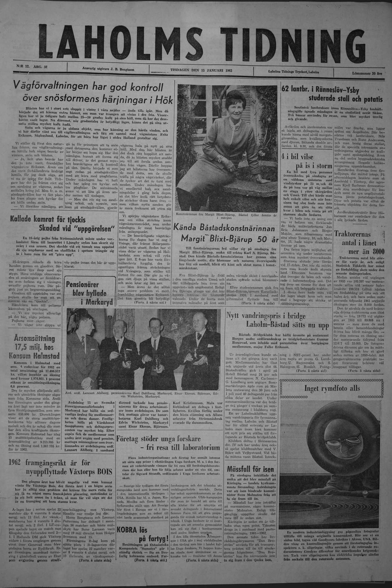 Laholms Tidning Tisdag 15 januari 1963, sida 1