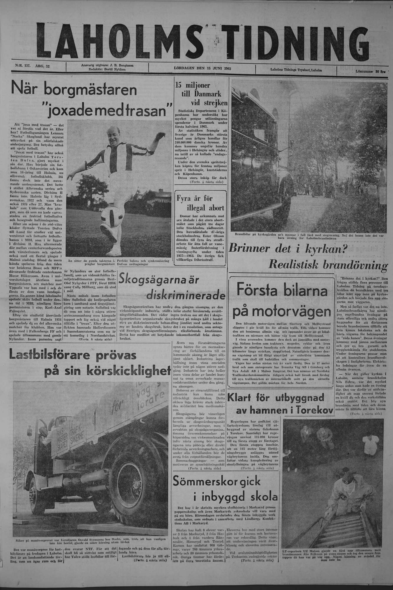 Laholms Tidning Lördag 15 juni 1963, sida 1