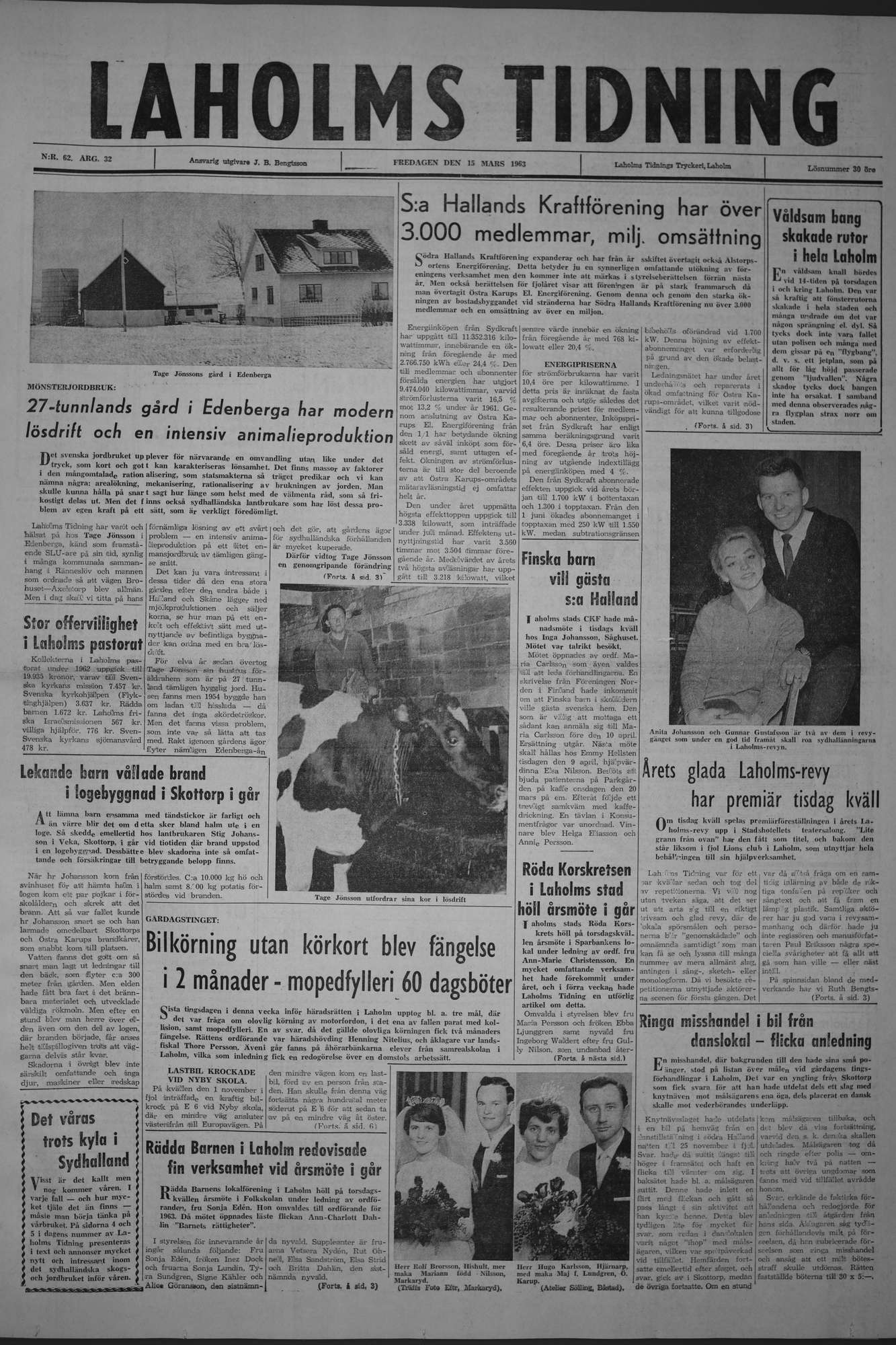 Laholms Tidning Fredag 15 mars 1963, sida 1