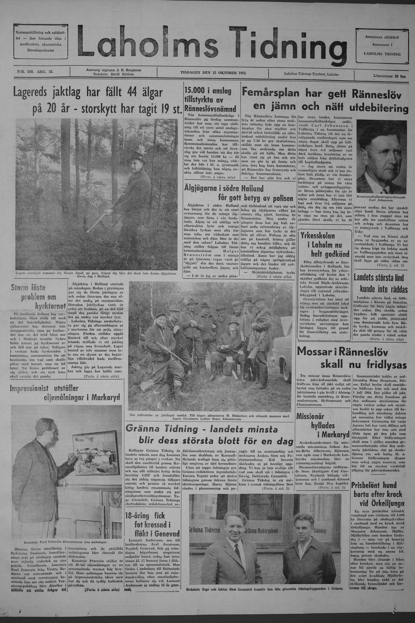 Laholms Tidning Tisdag 15 oktober 1963, sida 1
