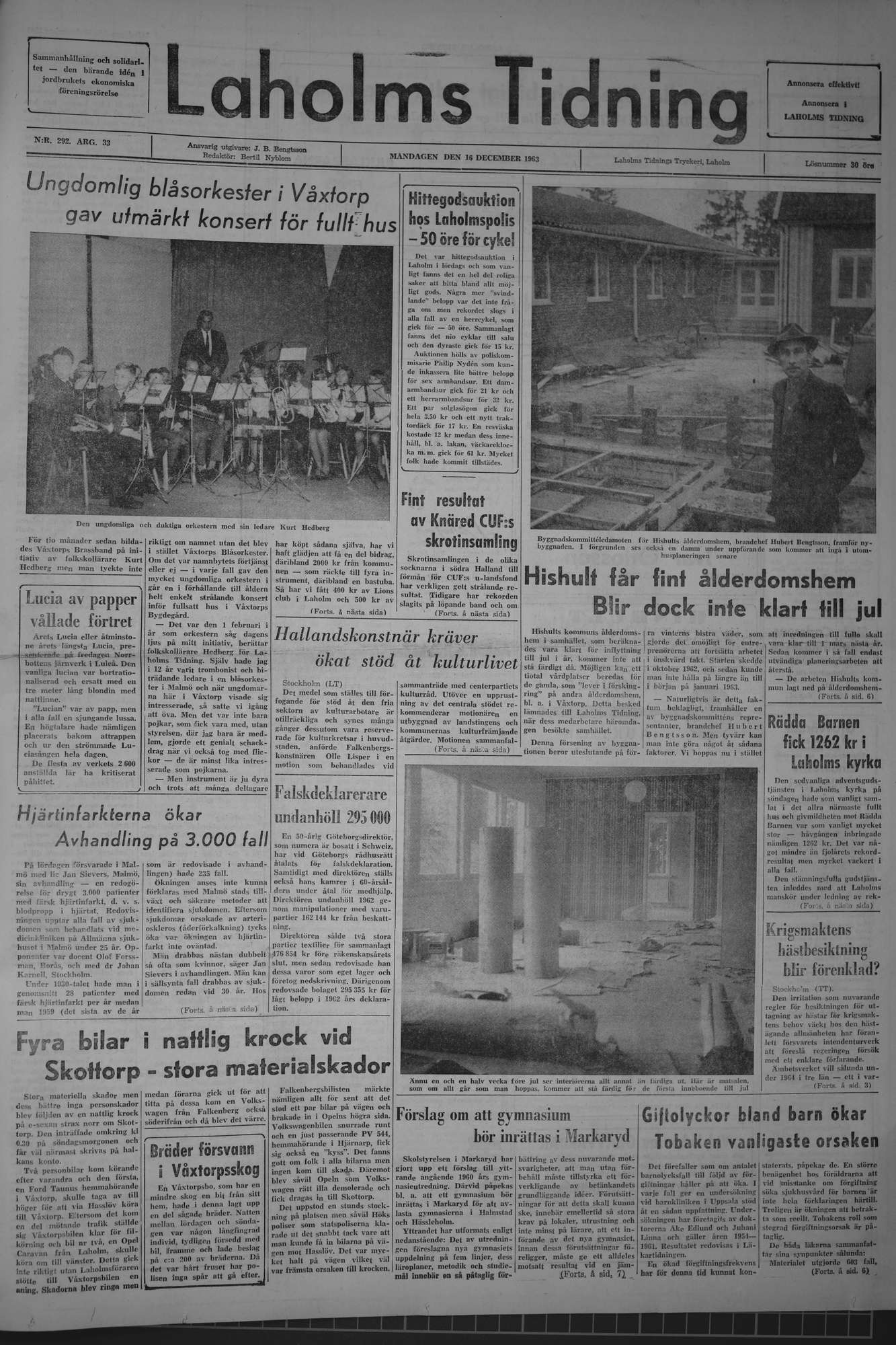 Laholms Tidning Måndag 16 december 1963, sida 1