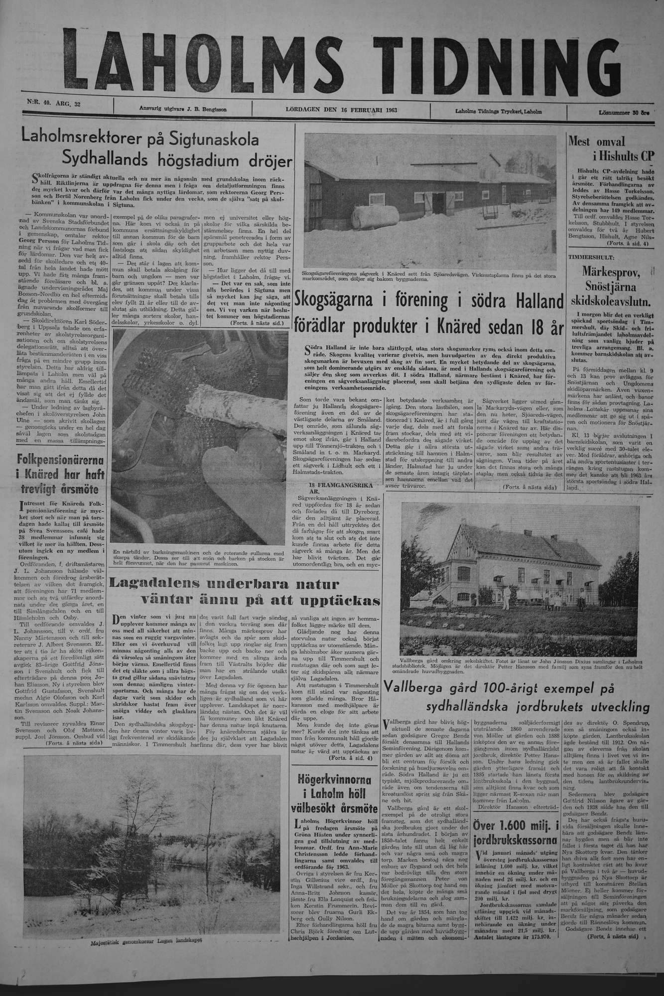 Laholms Tidning Lördag 16 februari 1963, sida 1