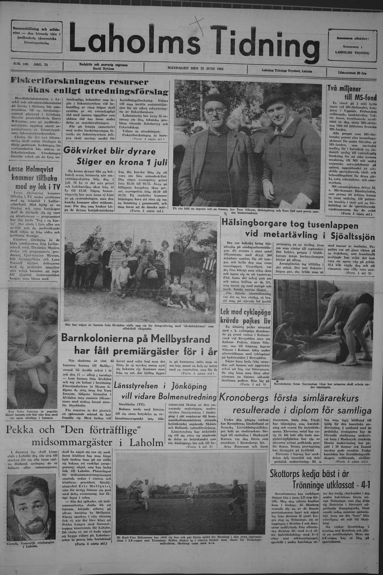 Laholms Tidning Måndag 21 juni 1965, sida 1