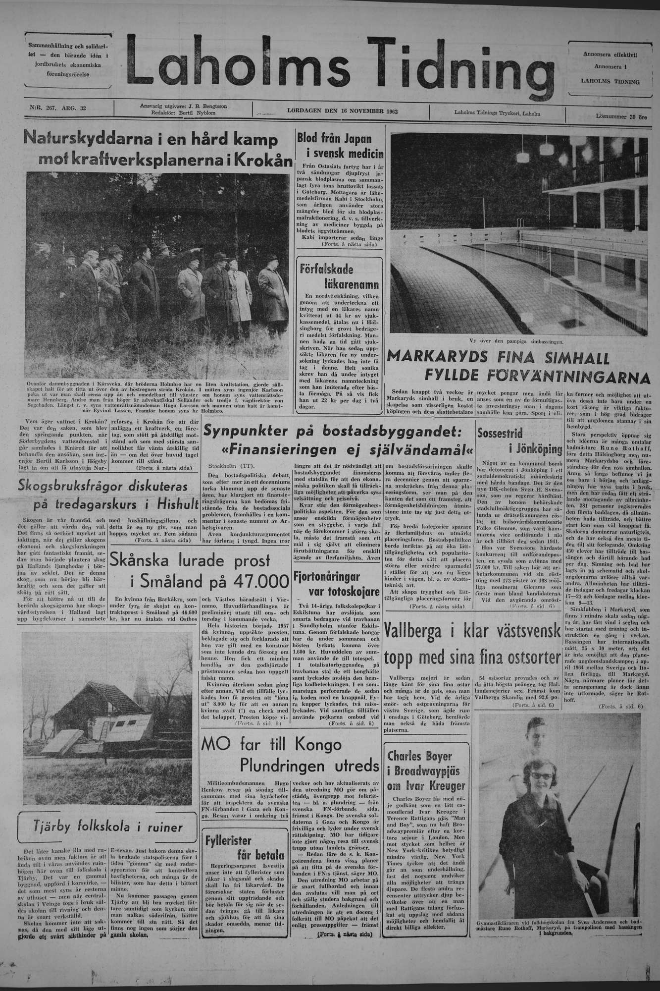 Laholms Tidning Lördag 16 november 1963, sida 1