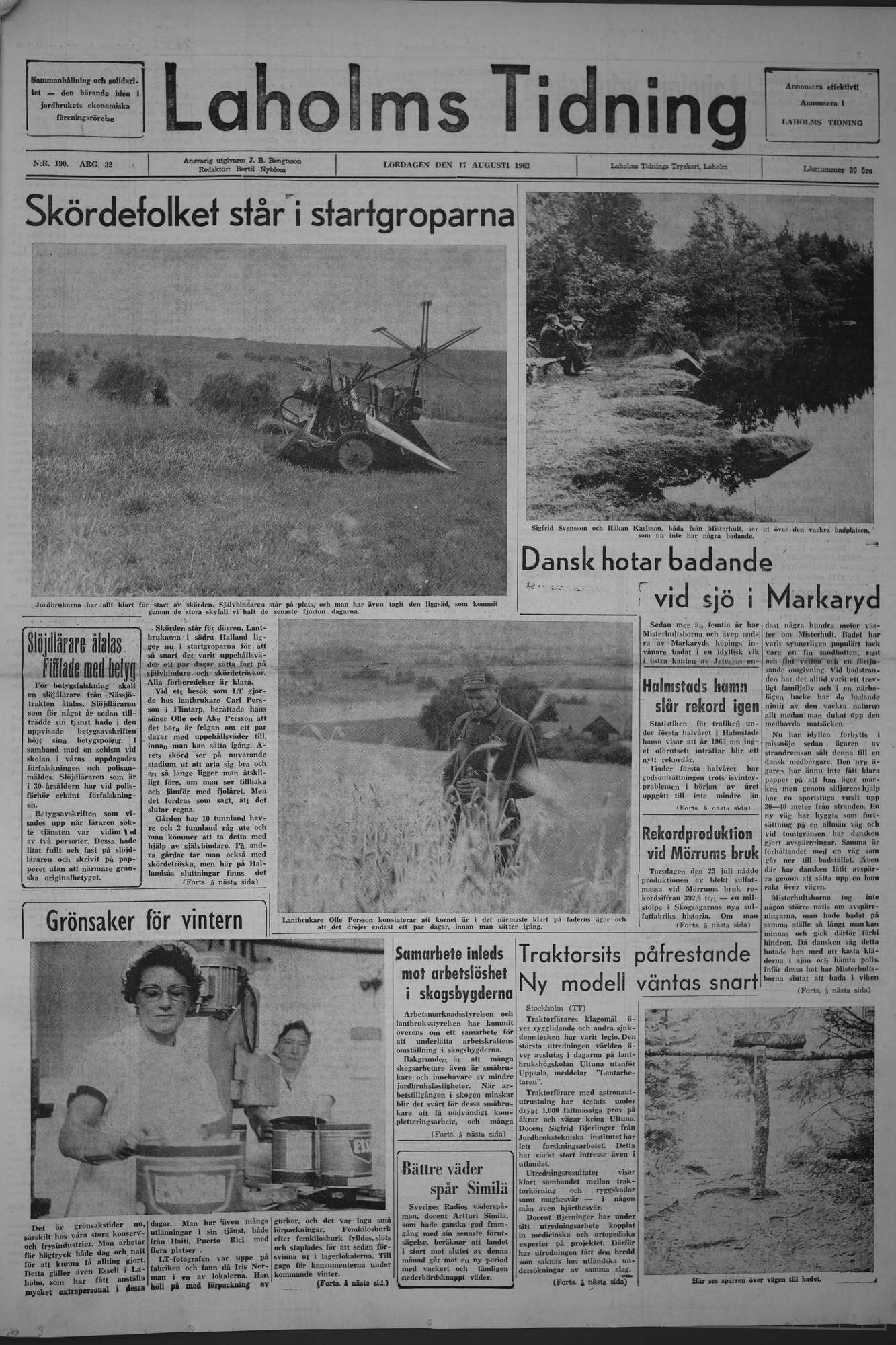 Laholms Tidning Lördag 17 augusti 1963, sida 1