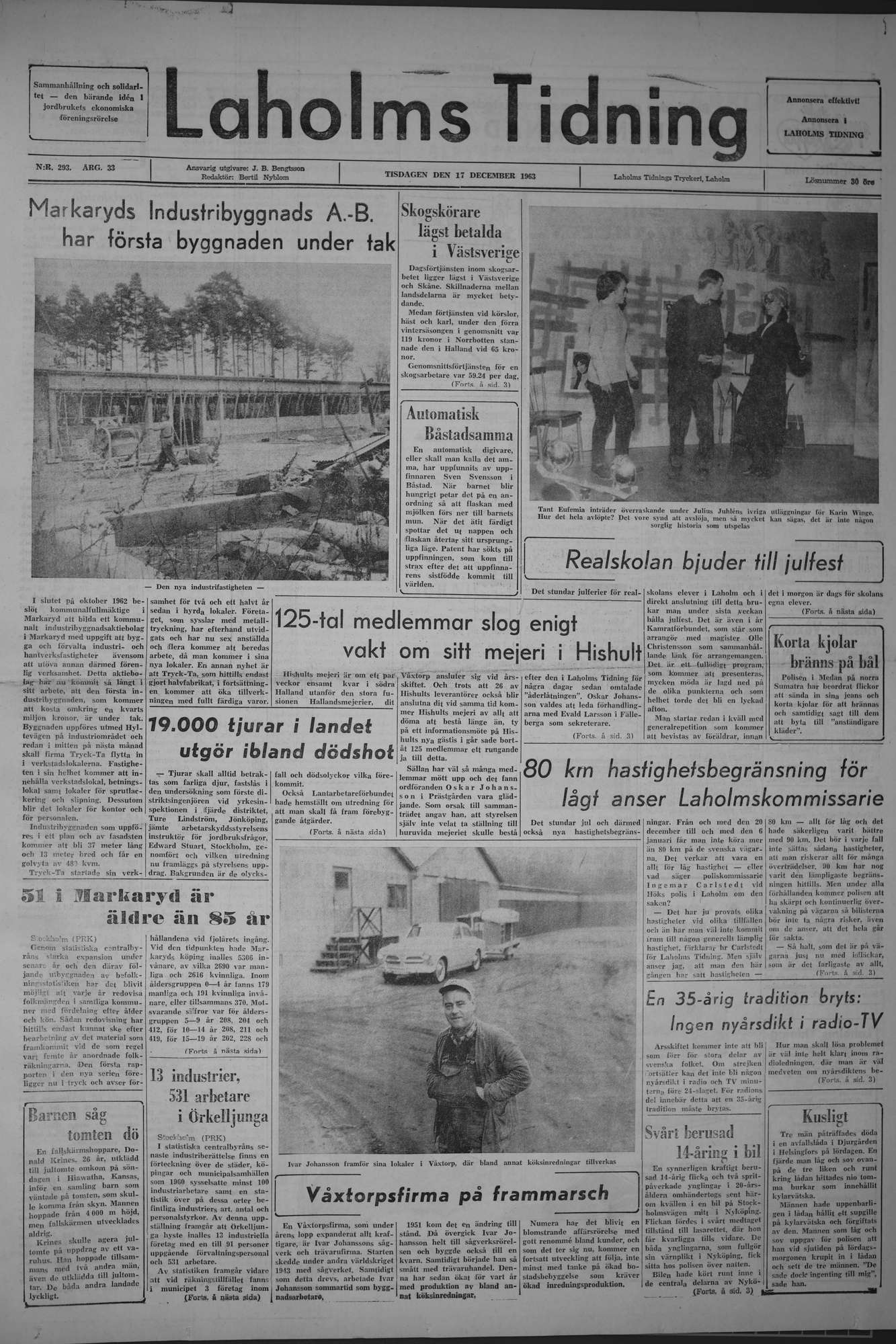 Laholms Tidning Tisdag 17 december 1963, sida 1