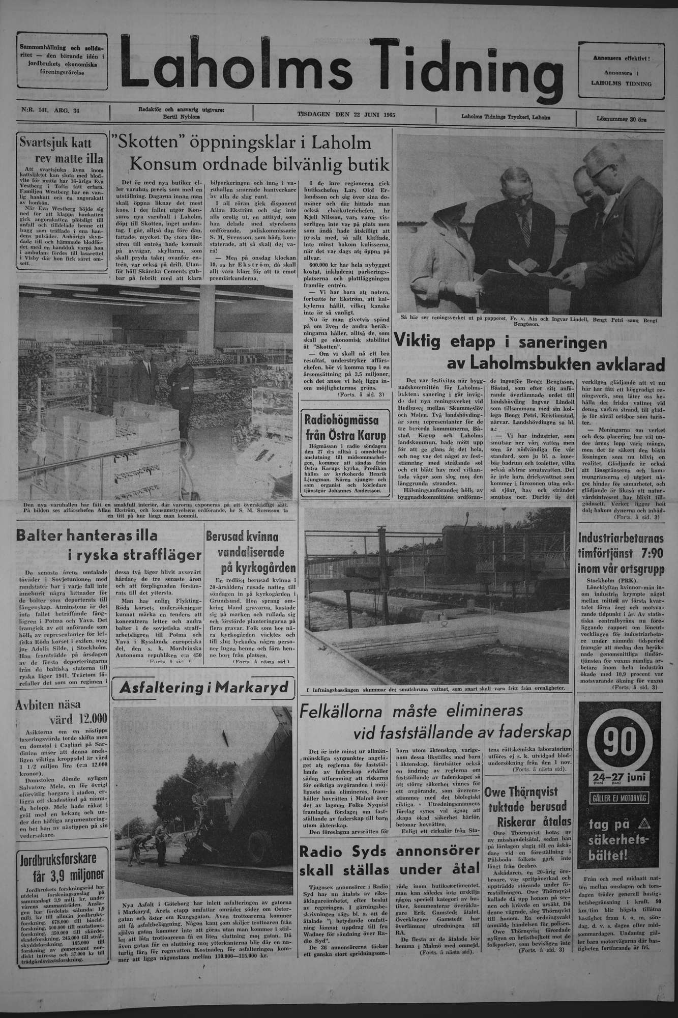 Laholms Tidning Tisdag 22 juni 1965, sida 1