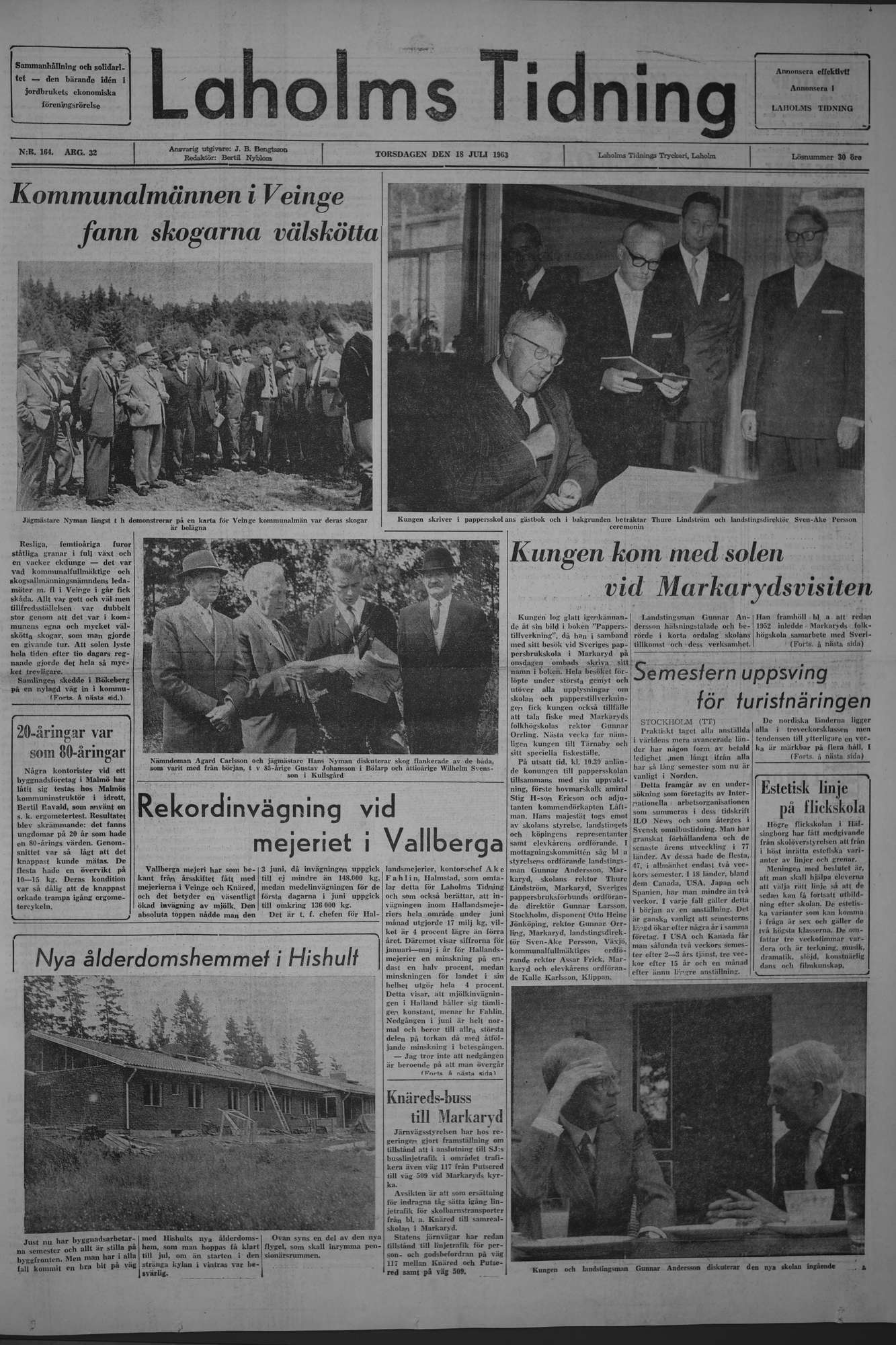 Laholms Tidning Torsdag 18 juli 1963, sida 1