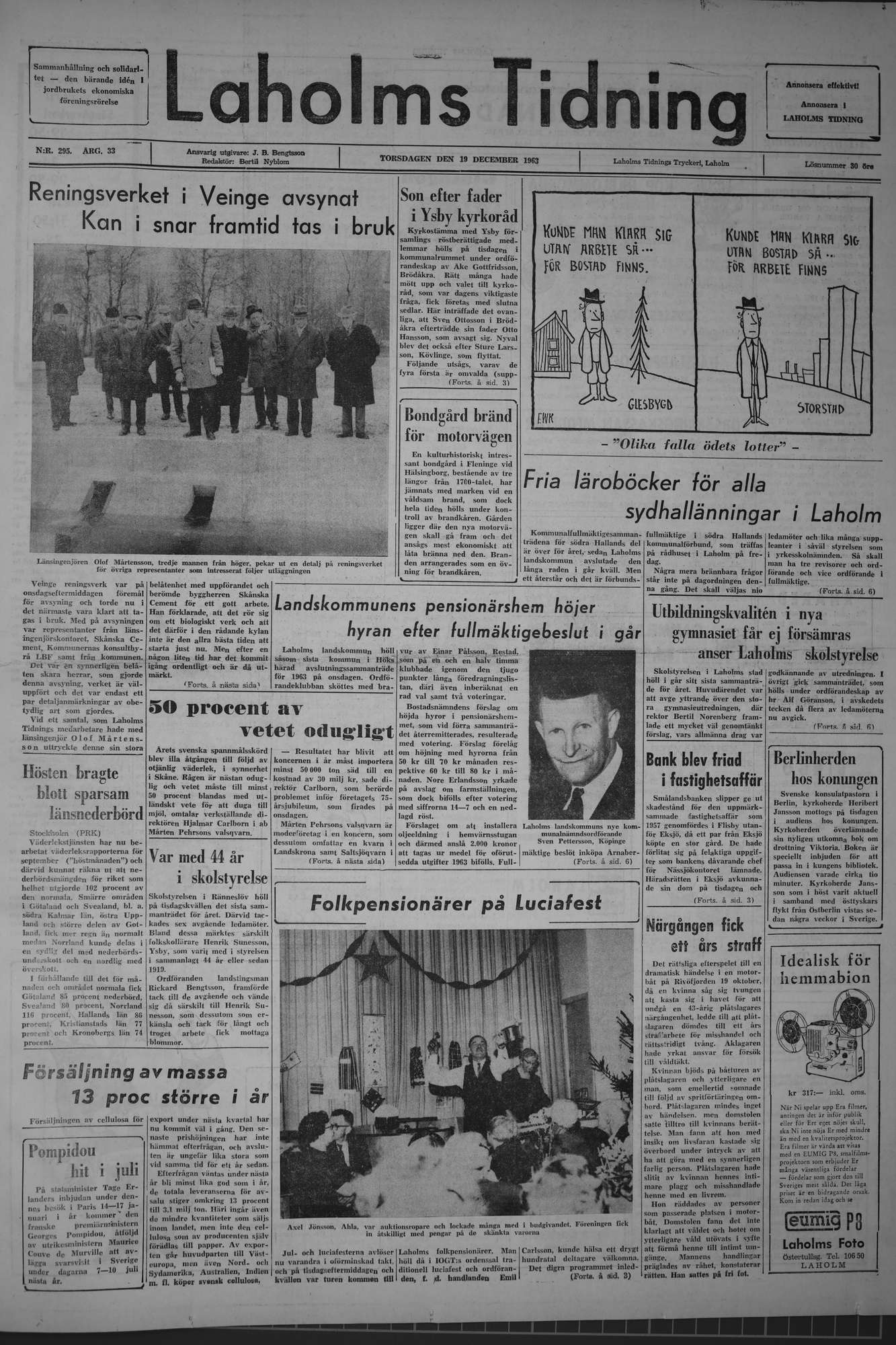 Laholms Tidning Torsdag 19 december 1963, sida 1