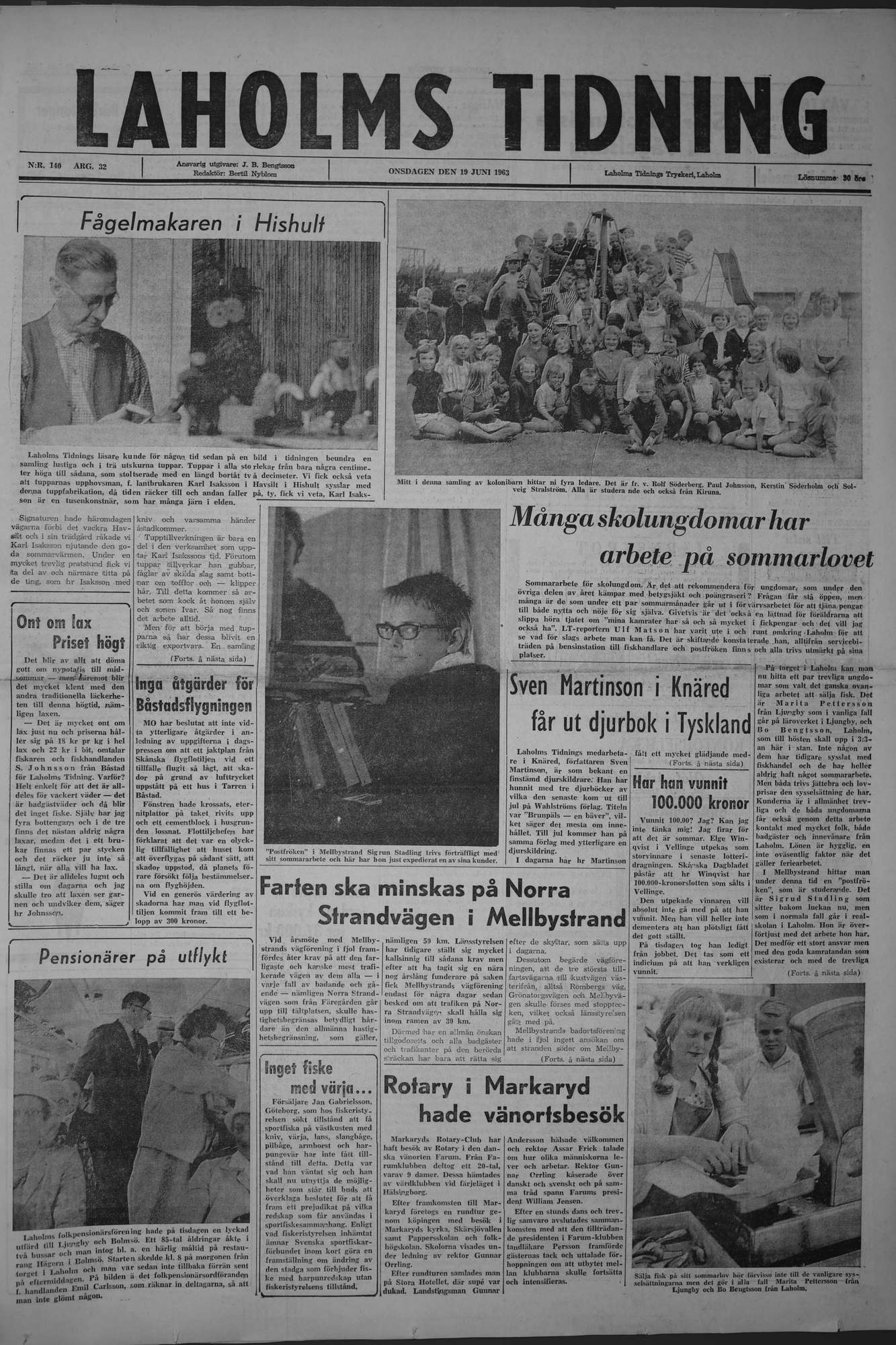 Laholms Tidning Onsdag 19 juni 1963, sida 1