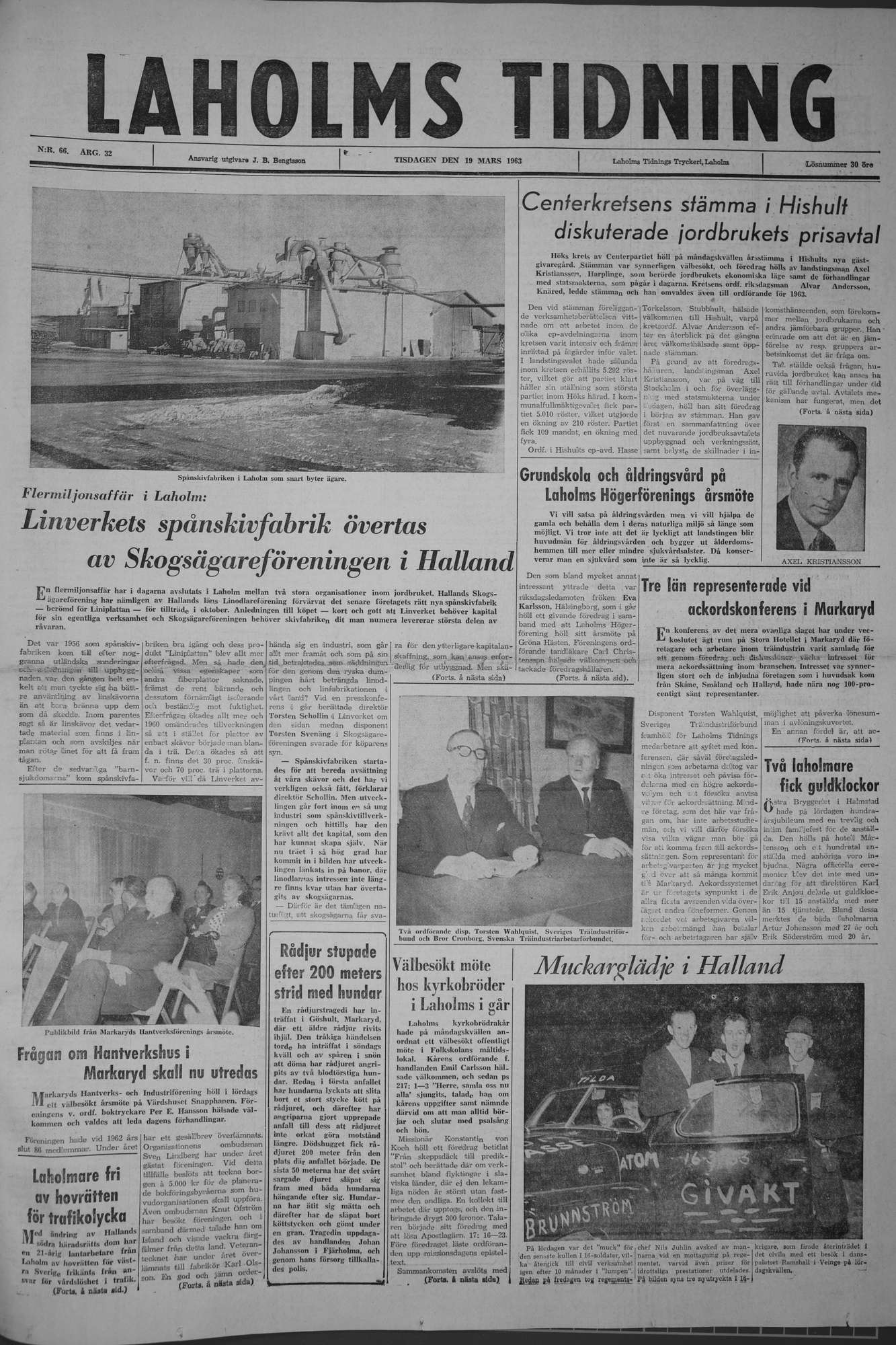 Laholms Tidning Tisdag 19 mars 1963, sida 1