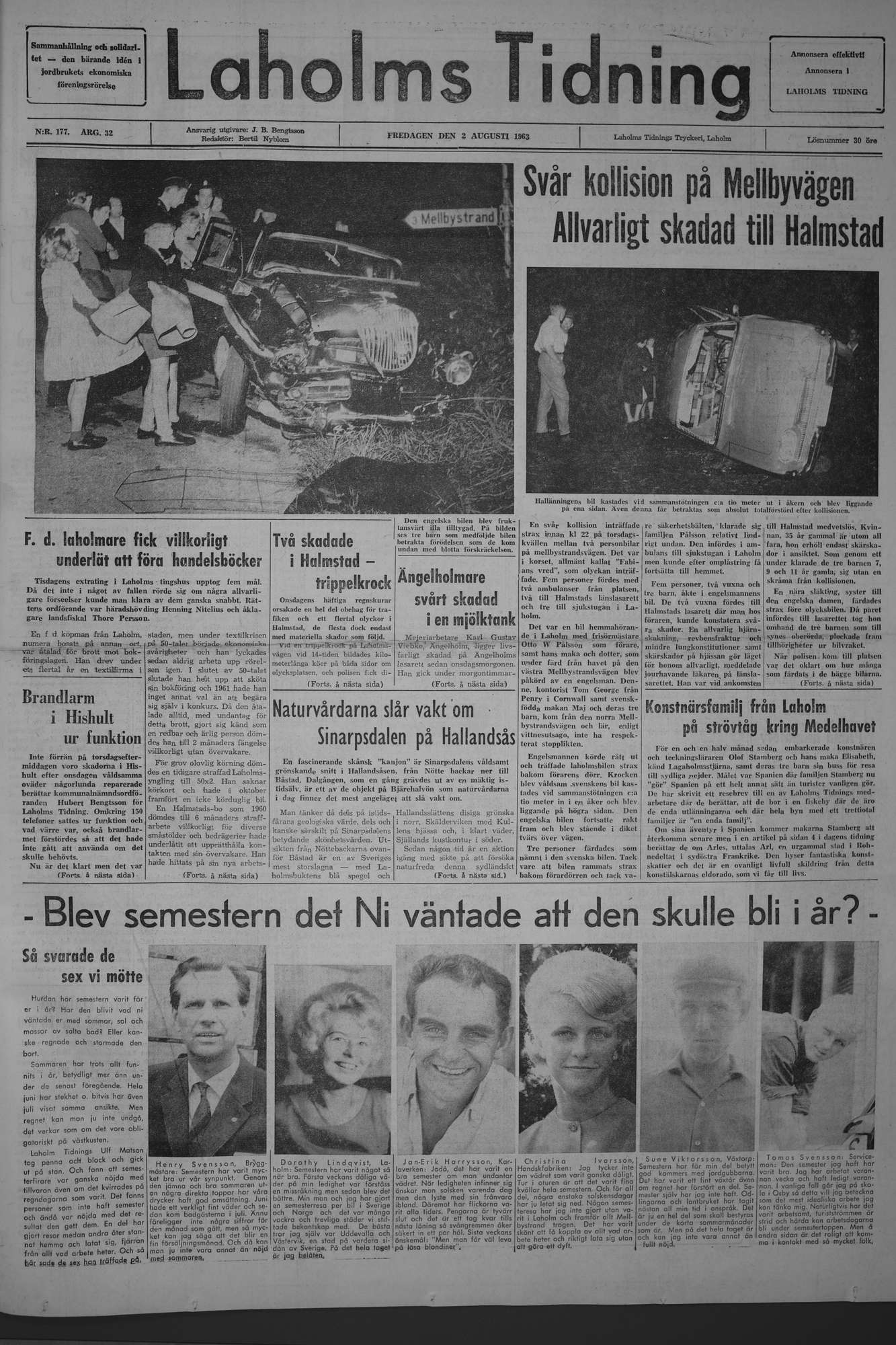 Laholms Tidning Fredag 2 augusti 1963, sida 1