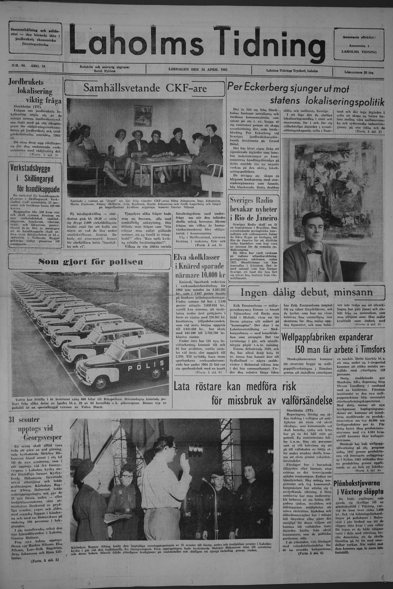 Laholms Tidning Lördag 24 april 1965, sida 1