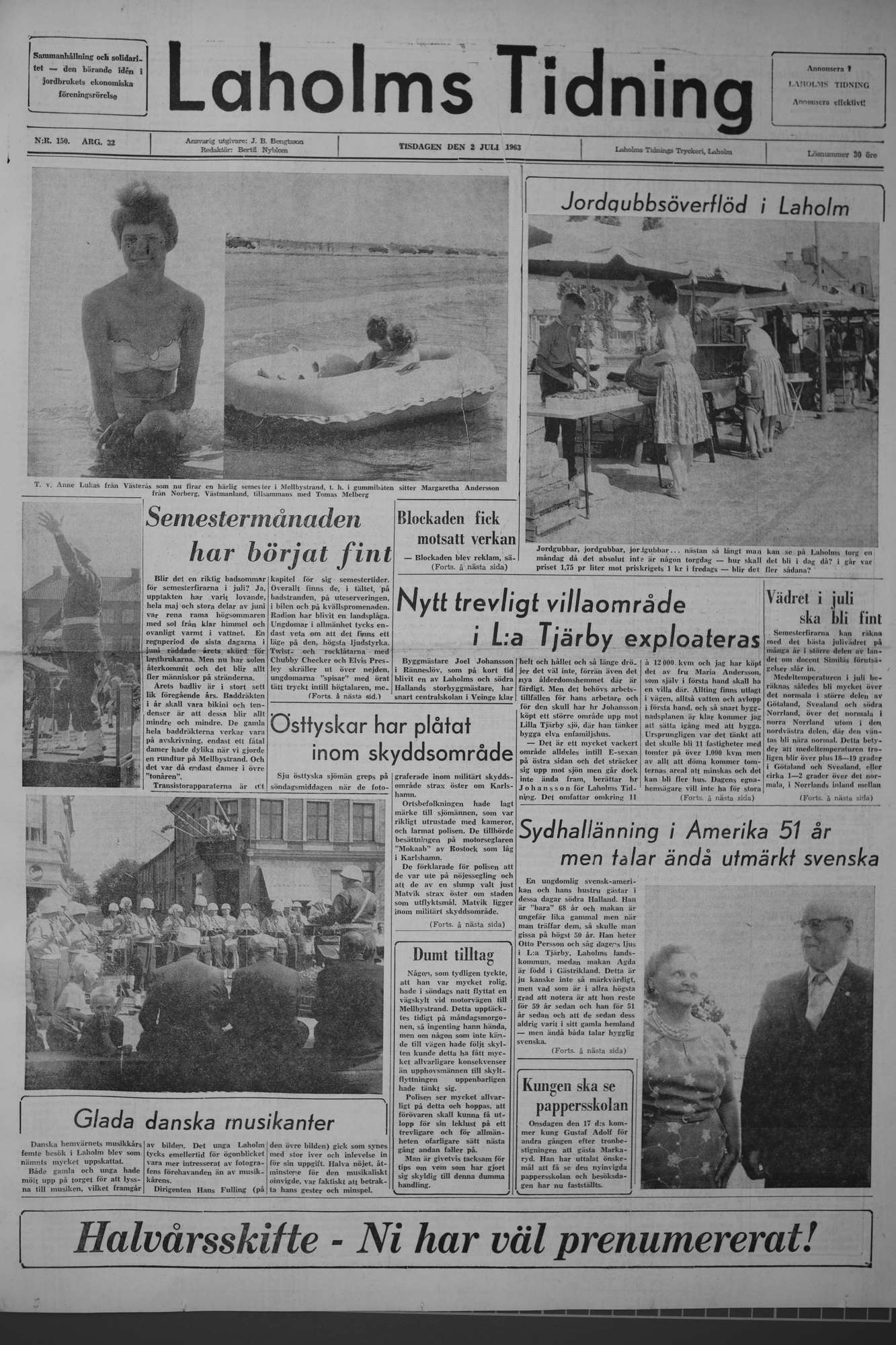 Laholms Tidning Tisdag 2 juli 1963, sida 1