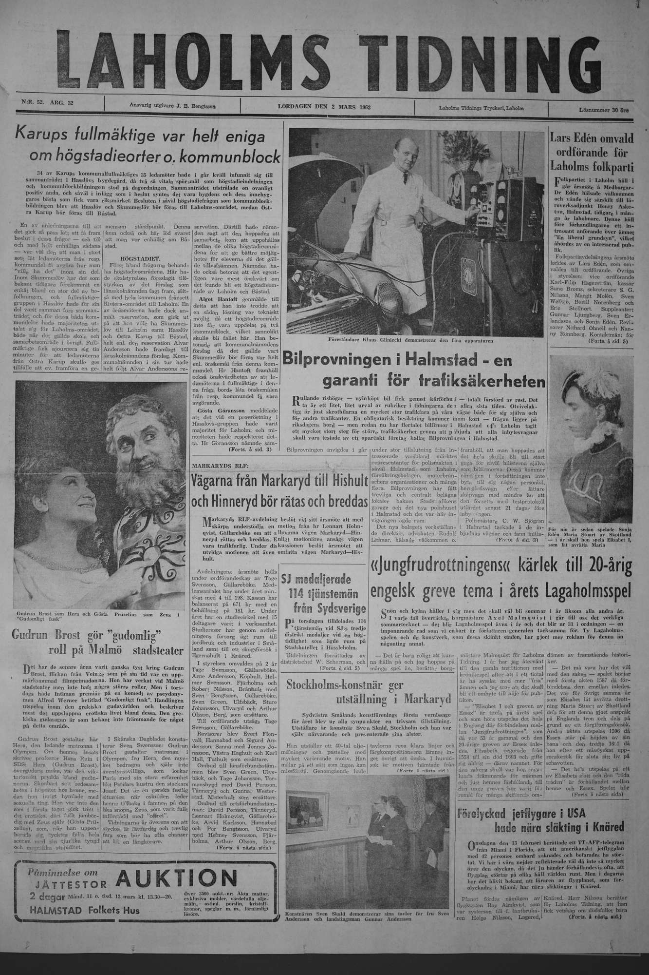 Laholms Tidning Lördag 2 mars 1963, sida 1
