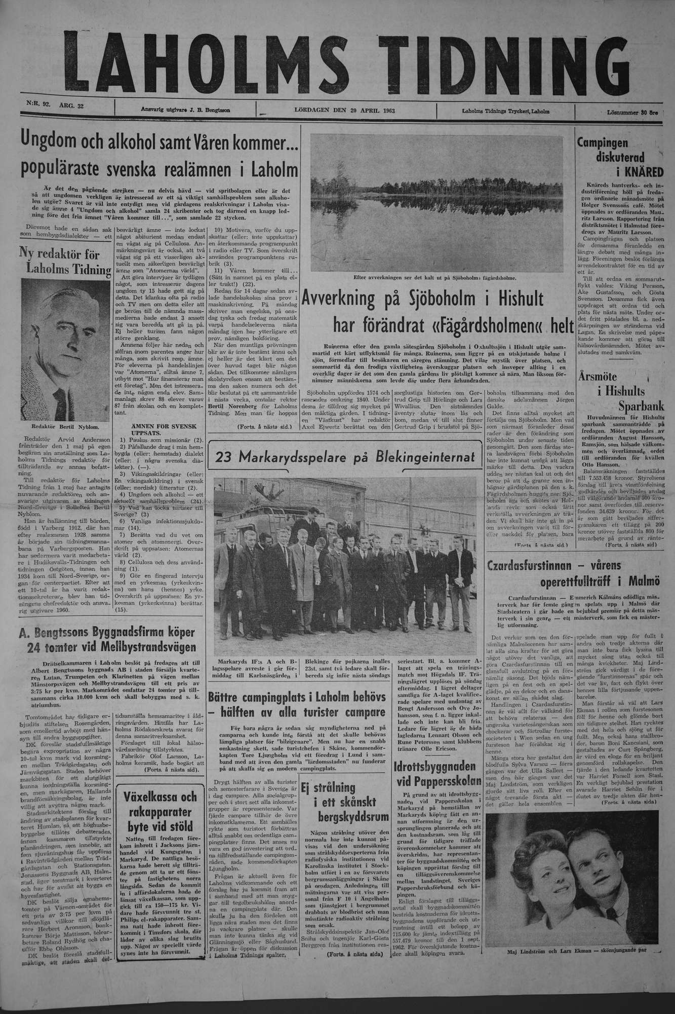 Laholms Tidning Lördag 20 april 1963, sida 1