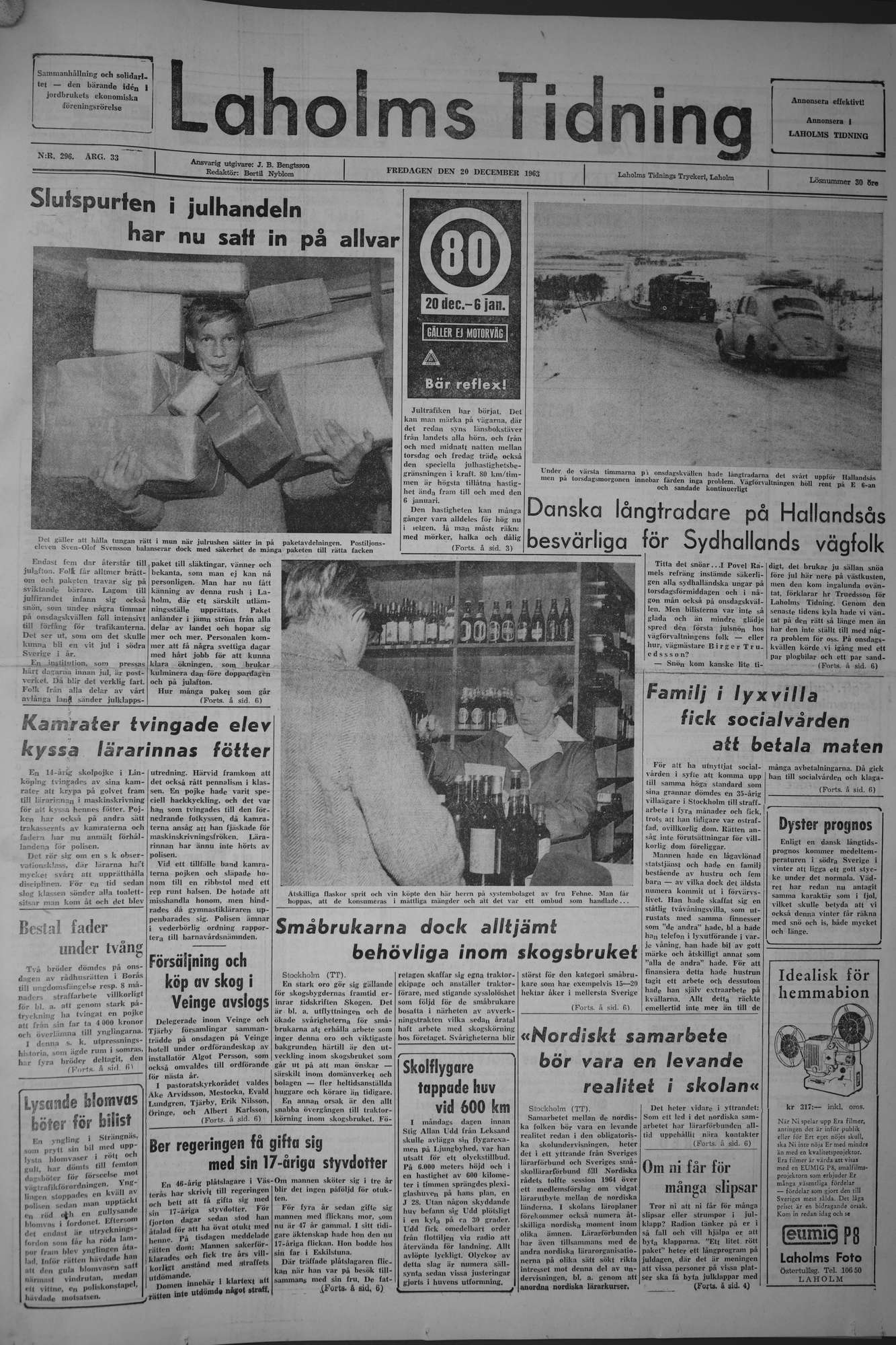Laholms Tidning Fredag 20 december 1963, sida 1