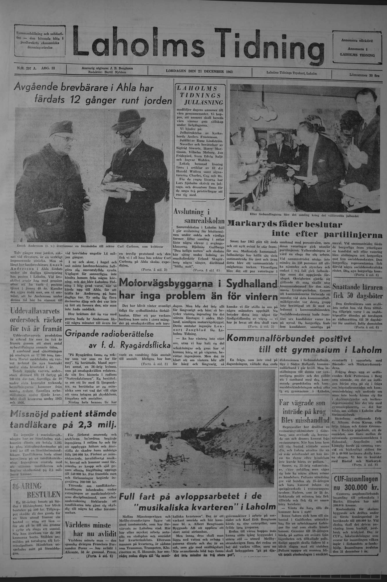 Laholms Tidning Lördag 21 december 1963, sida 1