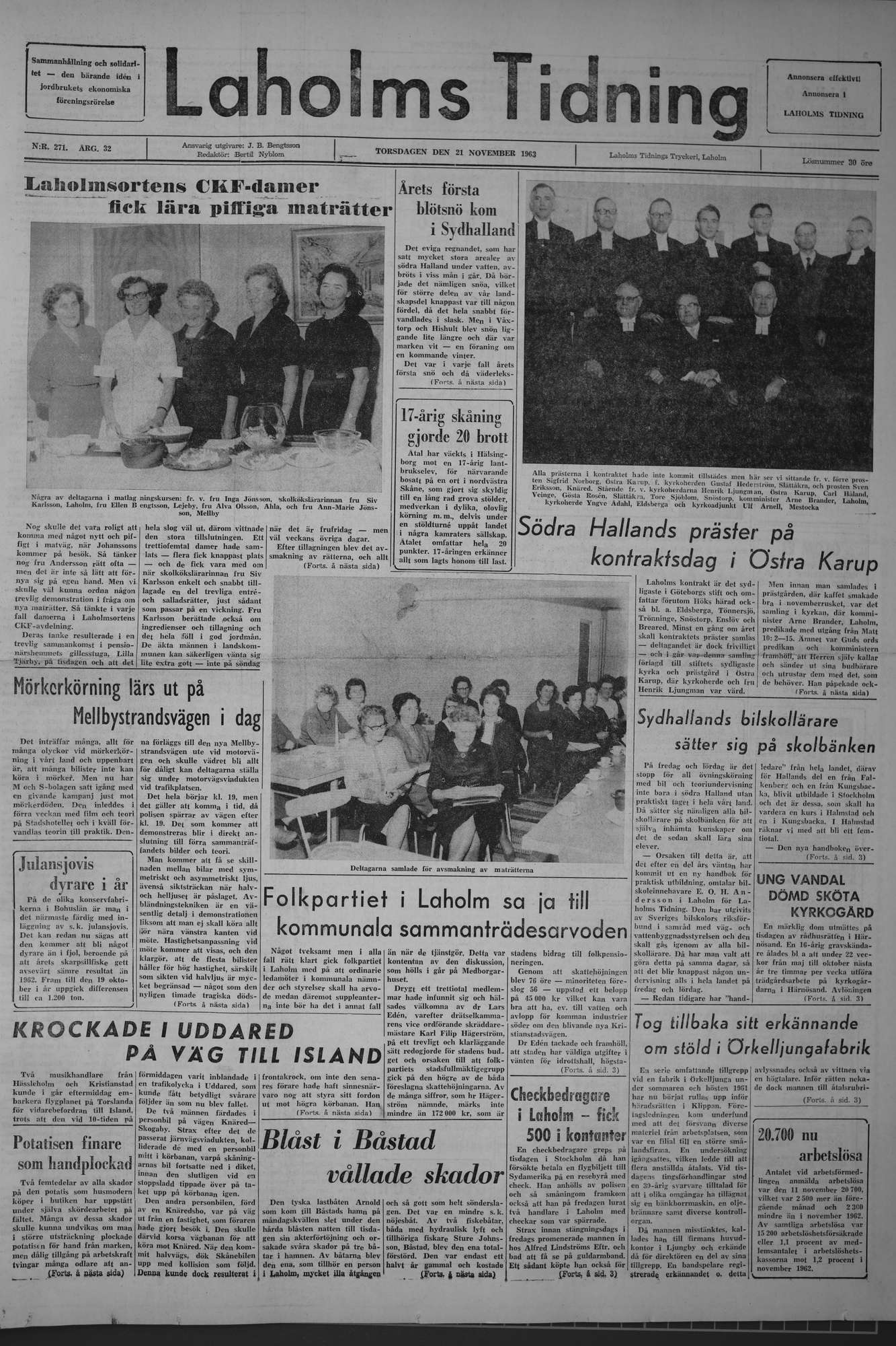 Laholms Tidning Torsdag 21 november 1963, sida 1