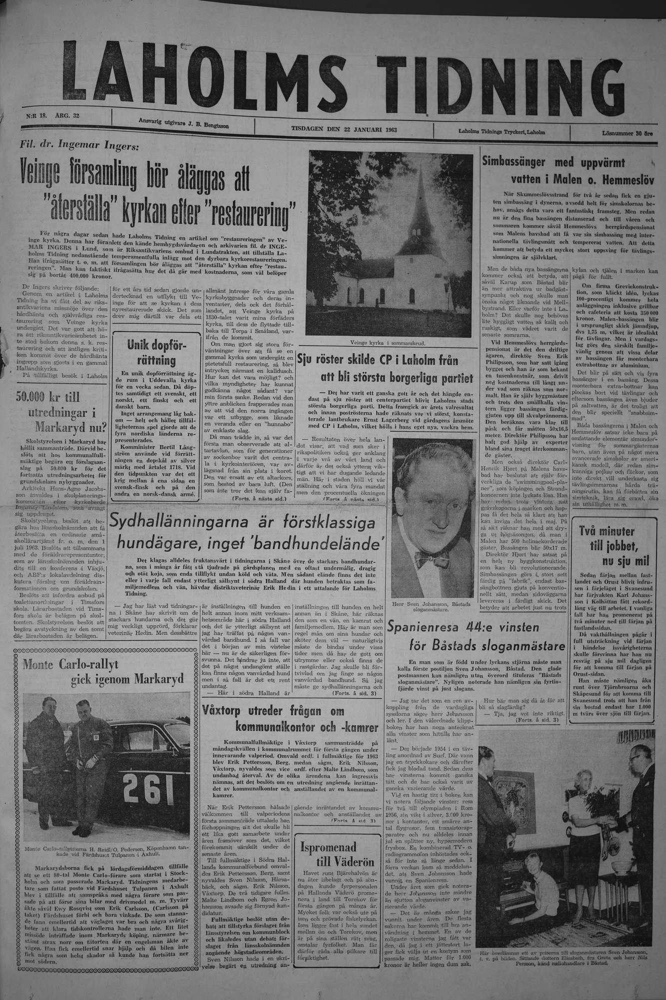Laholms Tidning Tisdag 22 januari 1963, sida 1