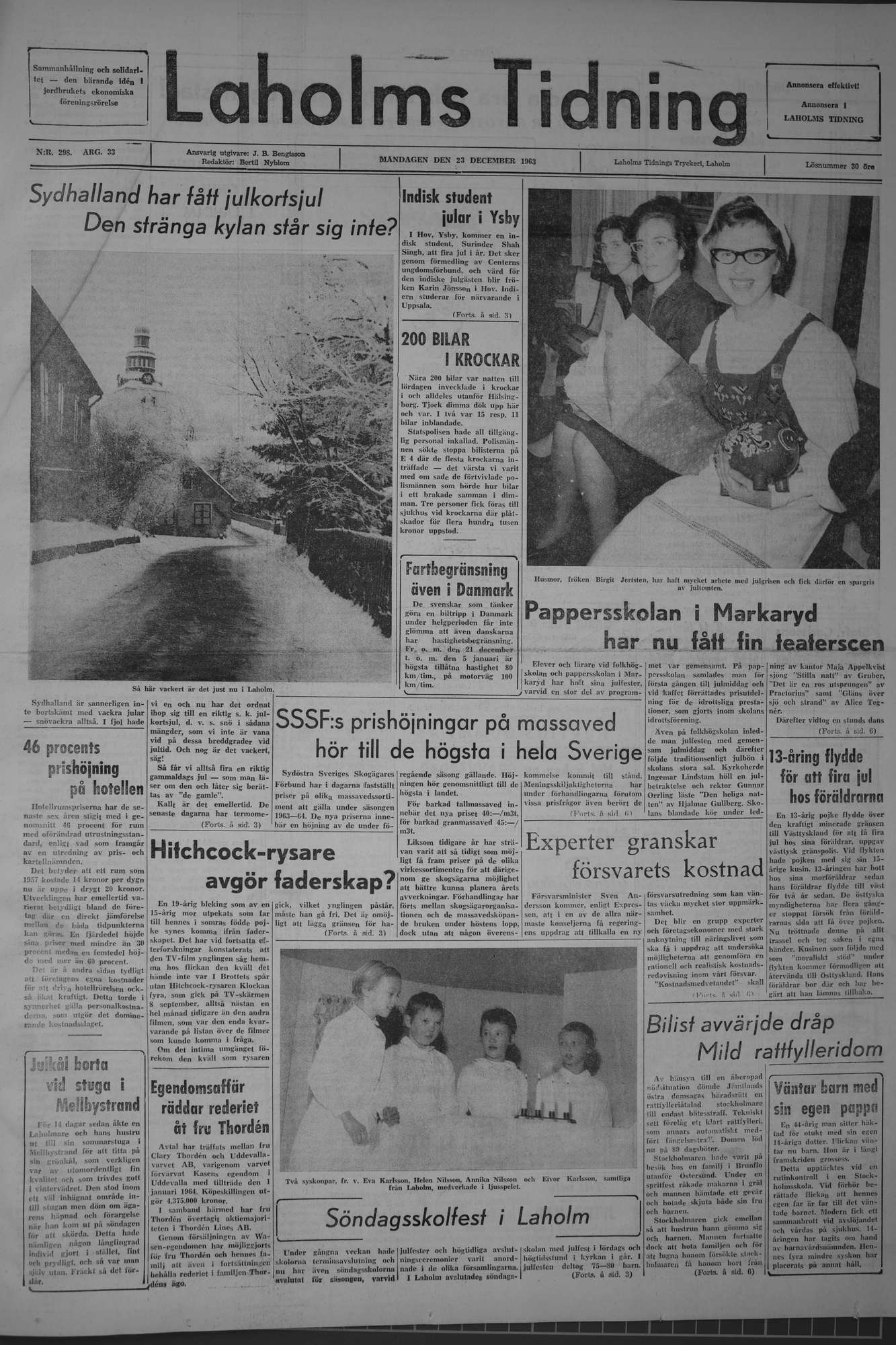 Laholms Tidning Måndag 23 december 1963, sida 1