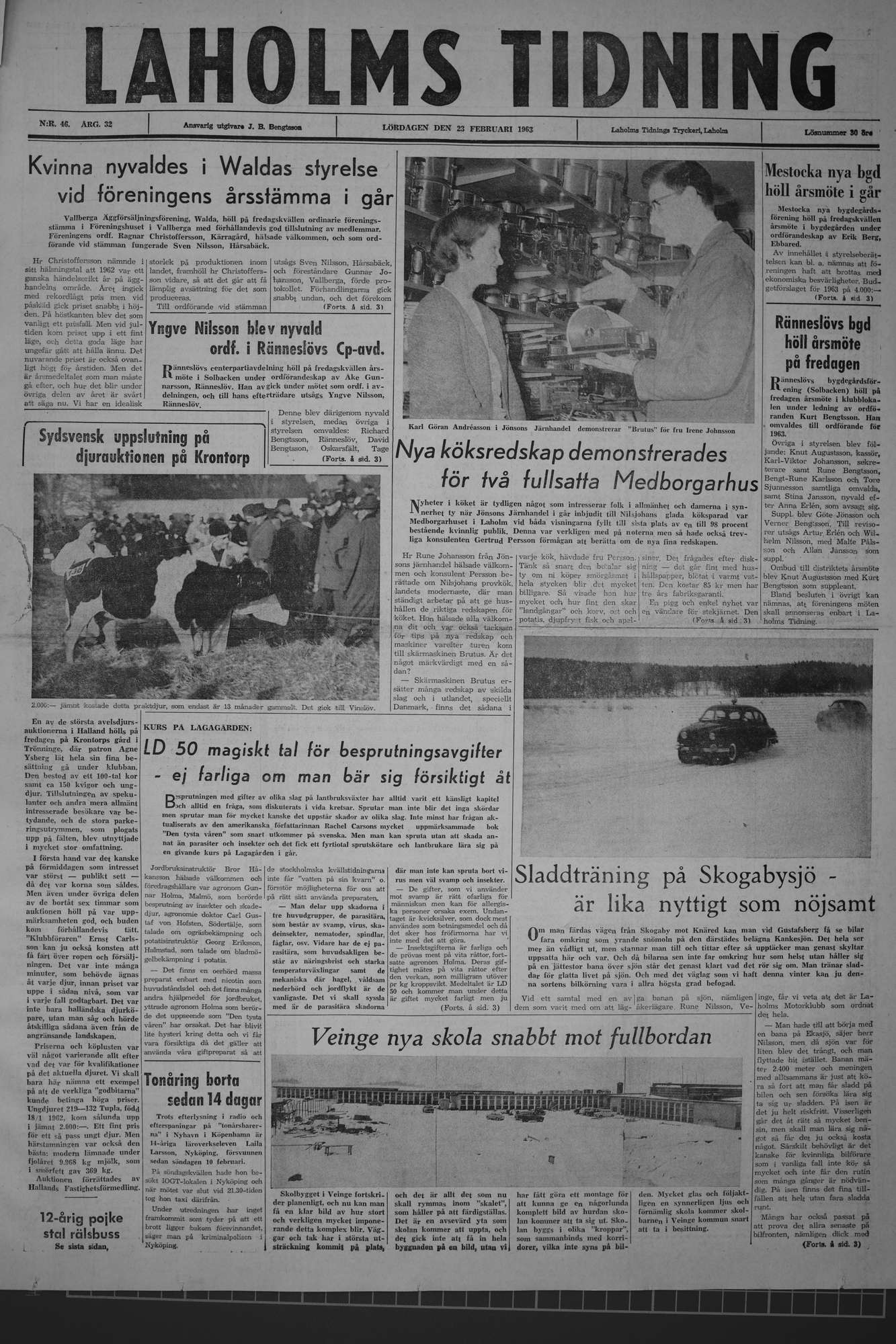 Laholms Tidning Lördag 23 februari 1963, sida 1