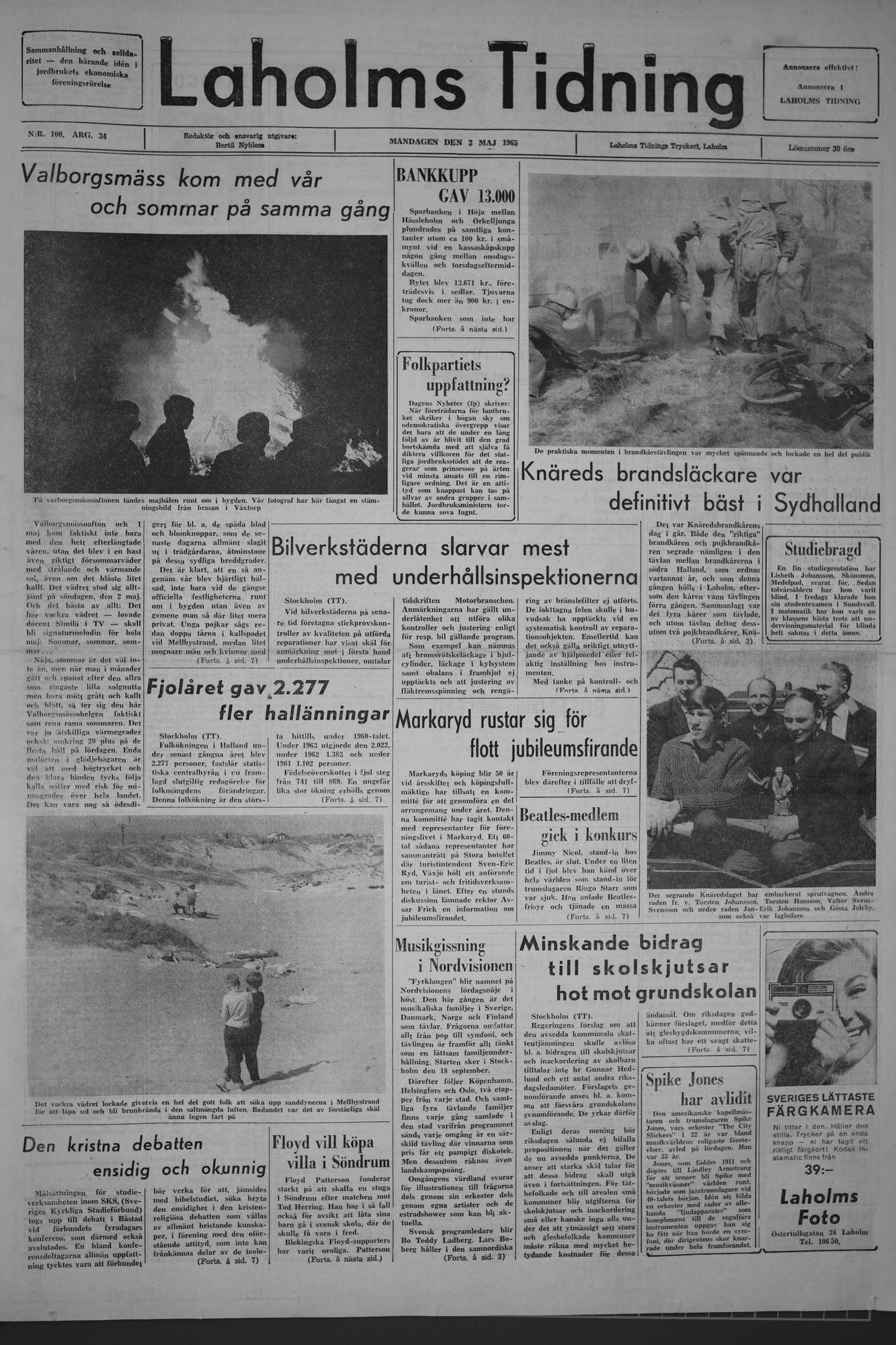 Laholms Tidning Måndag 3 maj 1965, sida 1