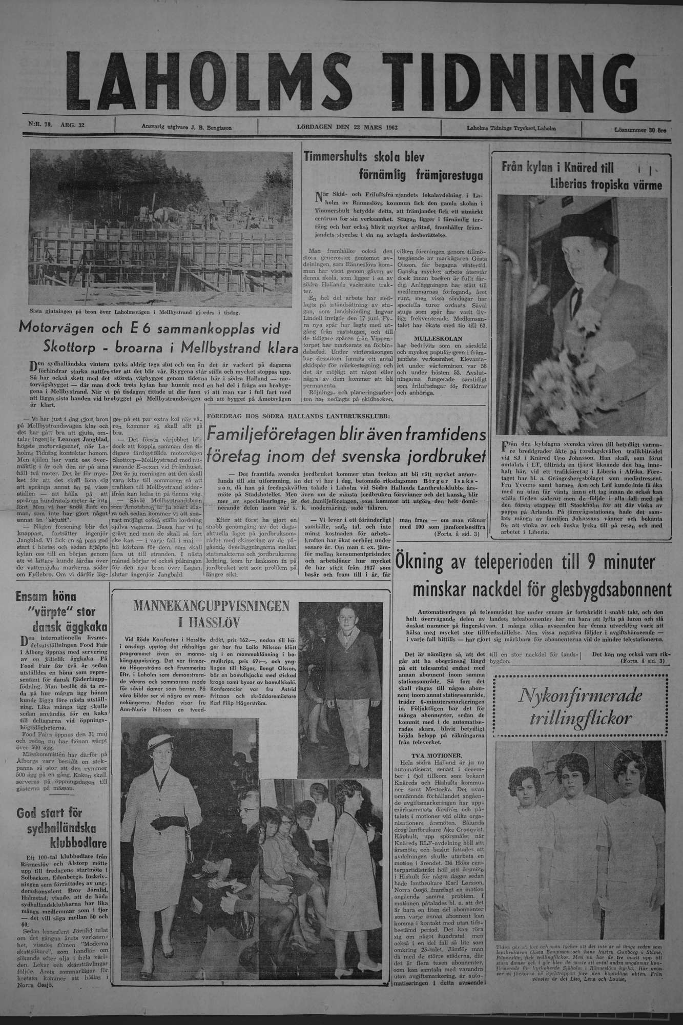 Laholms Tidning Lördag 23 mars 1963, sida 1