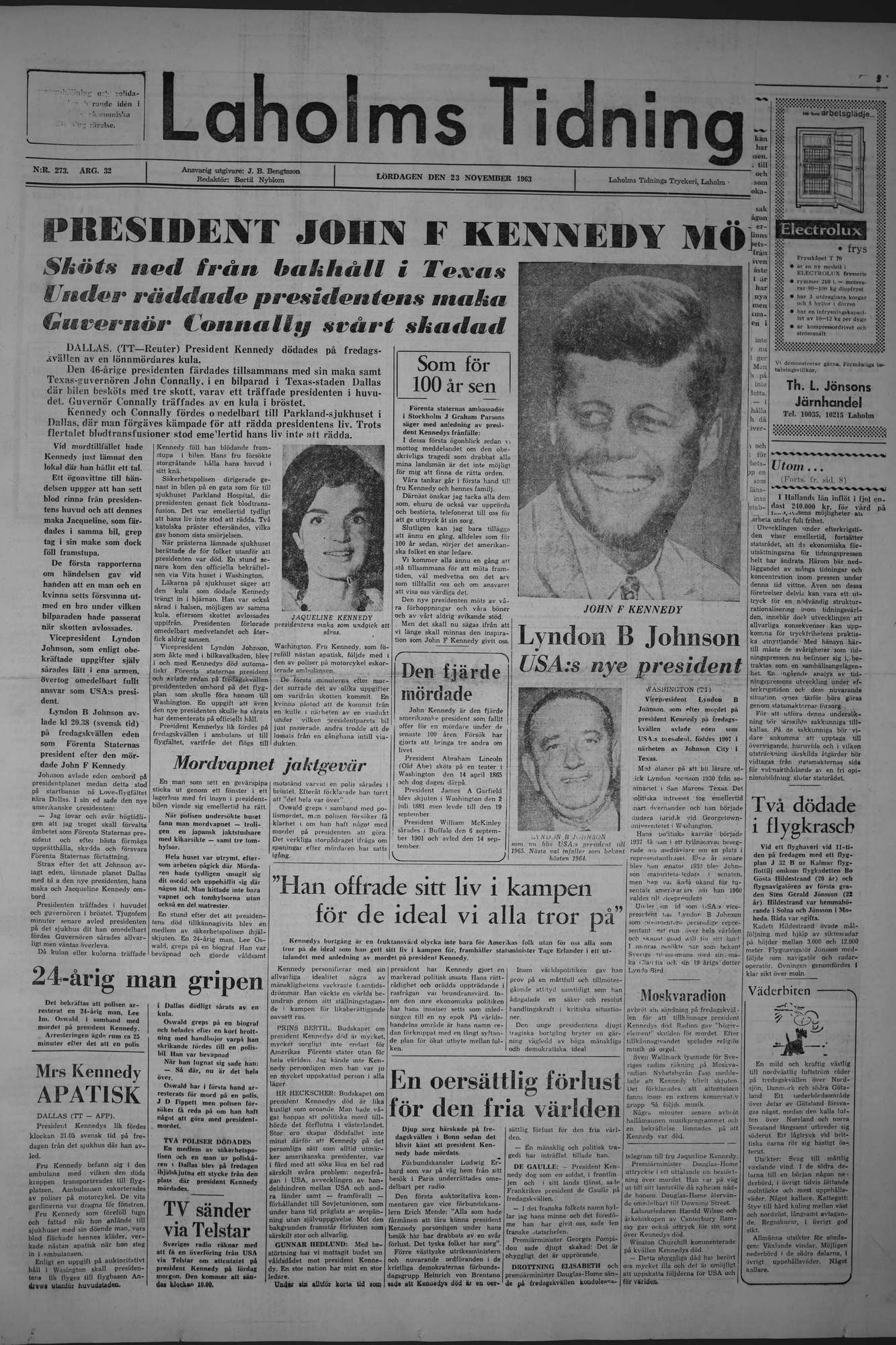 Laholms Tidning Lördag 23 november 1963, sida 1