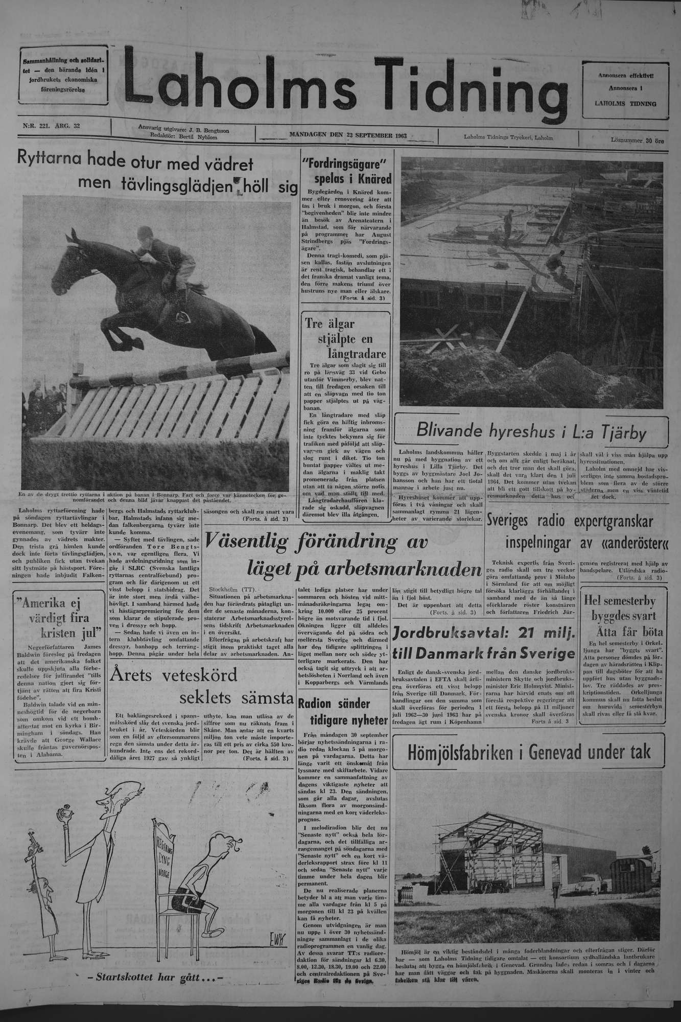 Laholms Tidning Måndag 23 september 1963, sida 1