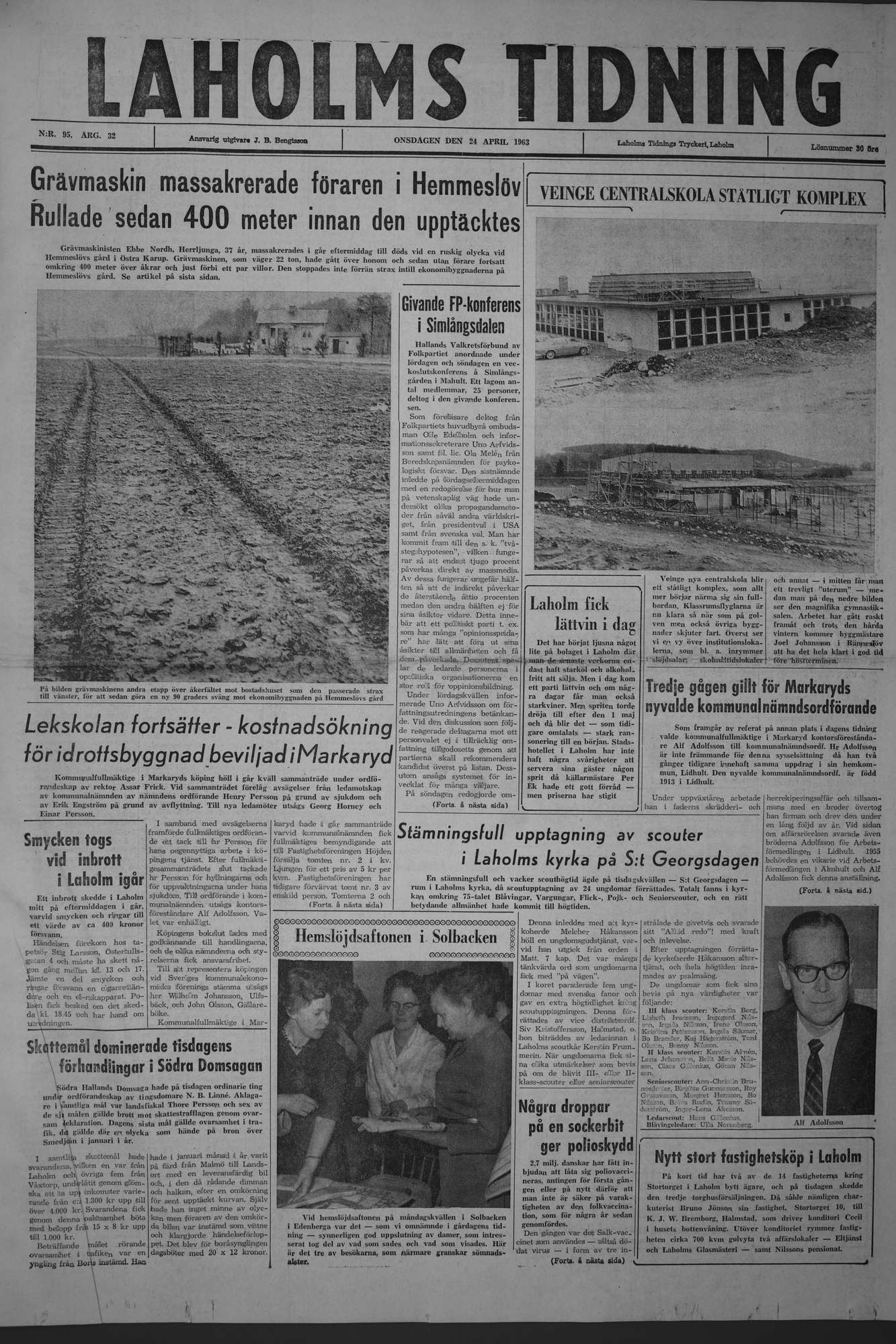 Laholms Tidning Onsdag 24 april 1963, sida 1