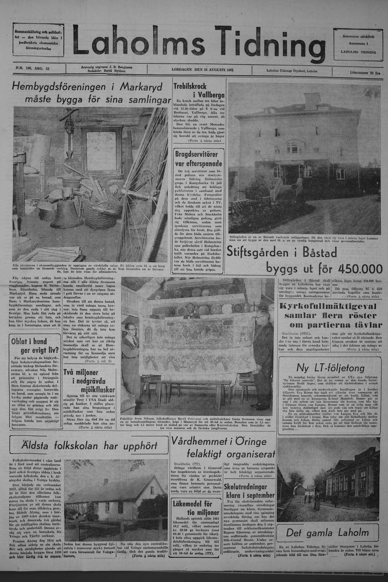 Laholms Tidning Lördag 24 augusti 1963, sida 1