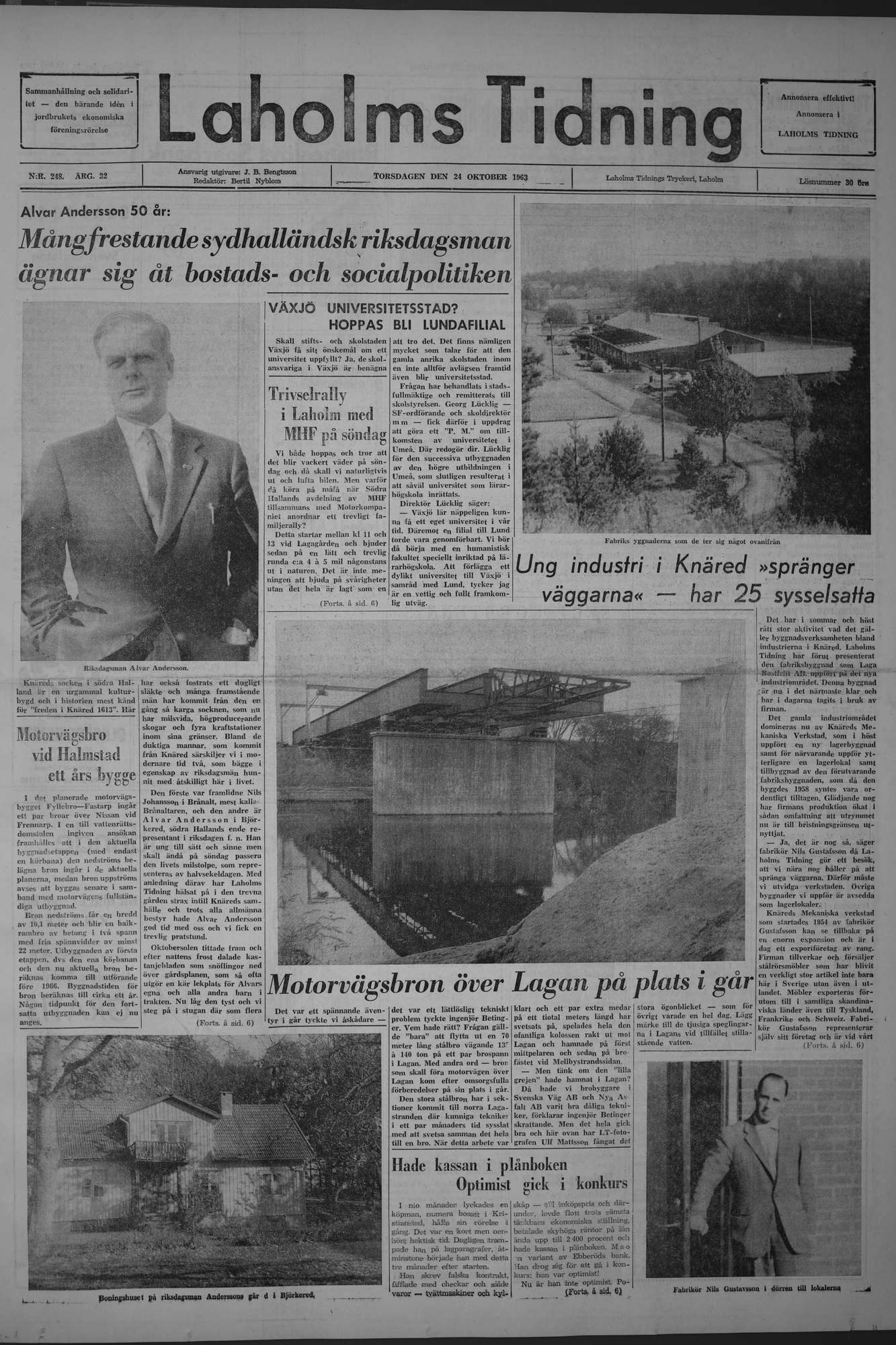 Laholms Tidning Torsdag 24 oktober 1963, sida 1