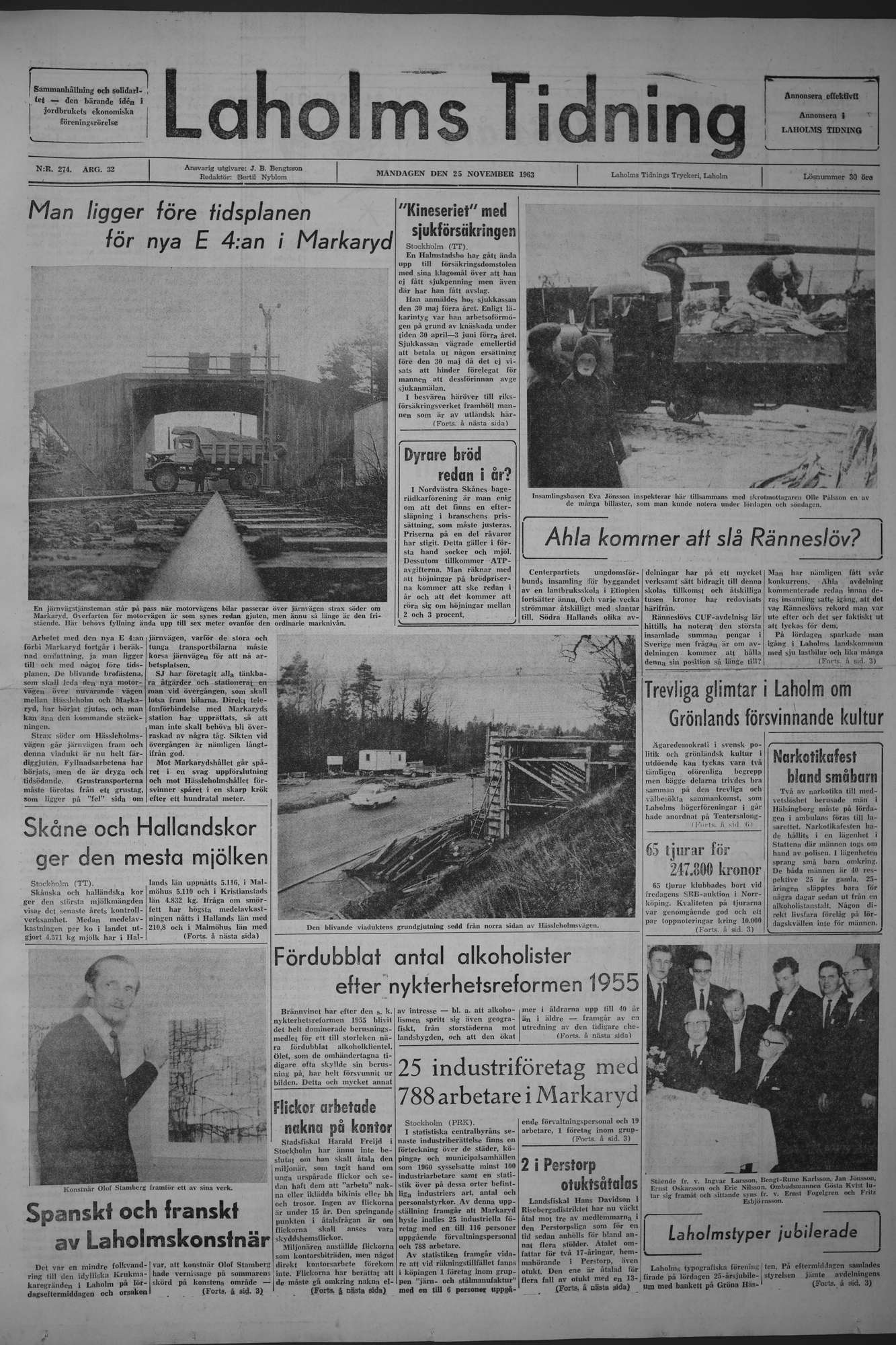 Laholms Tidning Måndag 25 november 1963, sida 1